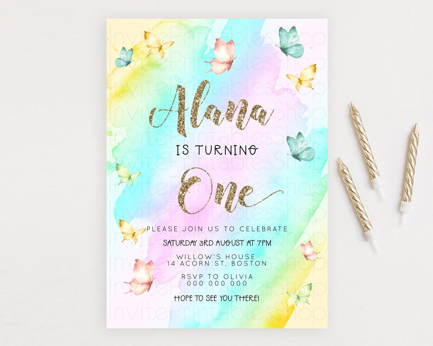 Pastel Butterfly Birthday Invitation Butterfly Birthday Invitation Colorful Splash Glitter Butterfly Garden 1st 2nd Birthday D23238