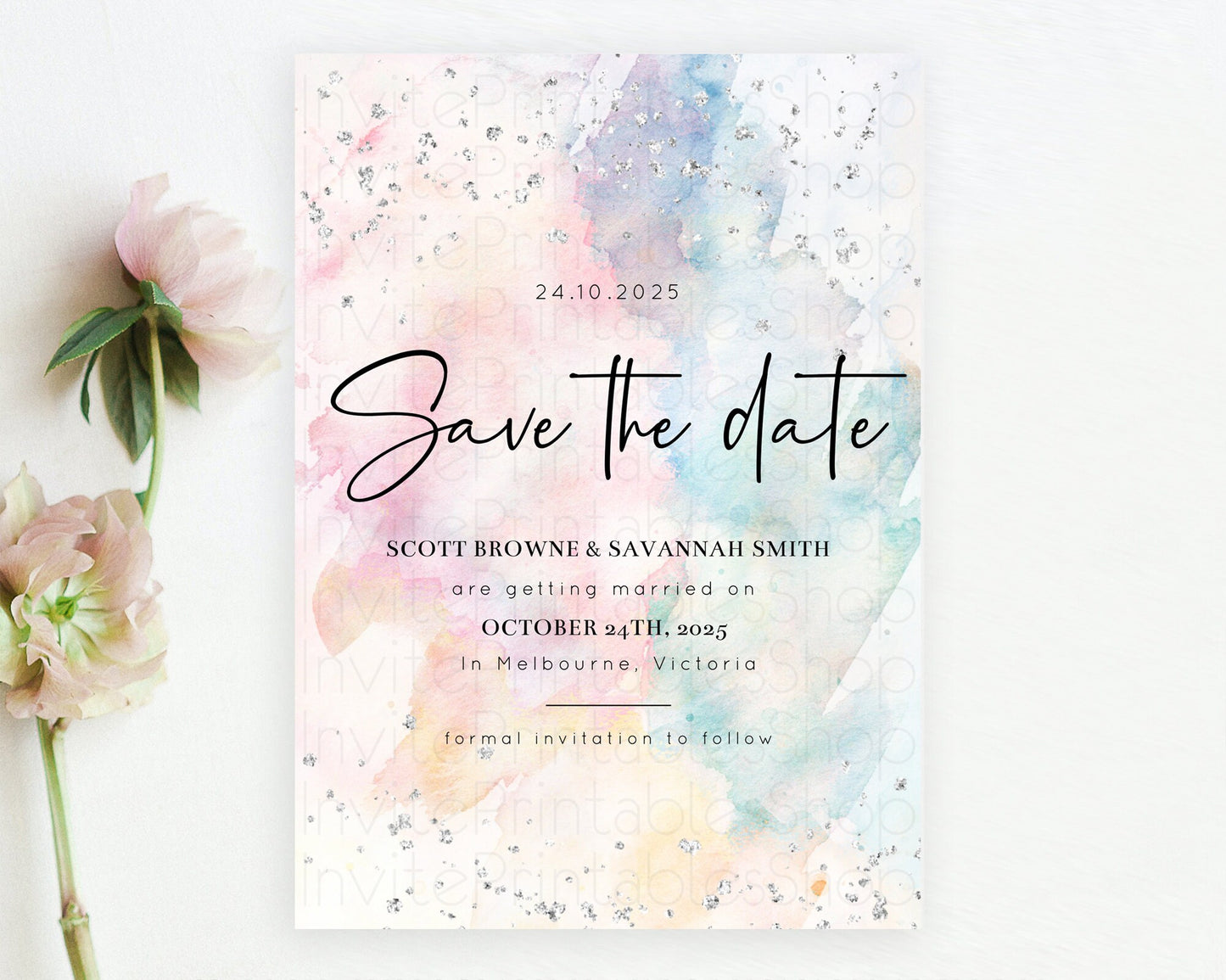 Pastel Silver Save The Date Template Rainbow Colorful Ombre Colorful Watercolor Party 1st Birthday Baptism Baby Shower Bridal Shower D10945