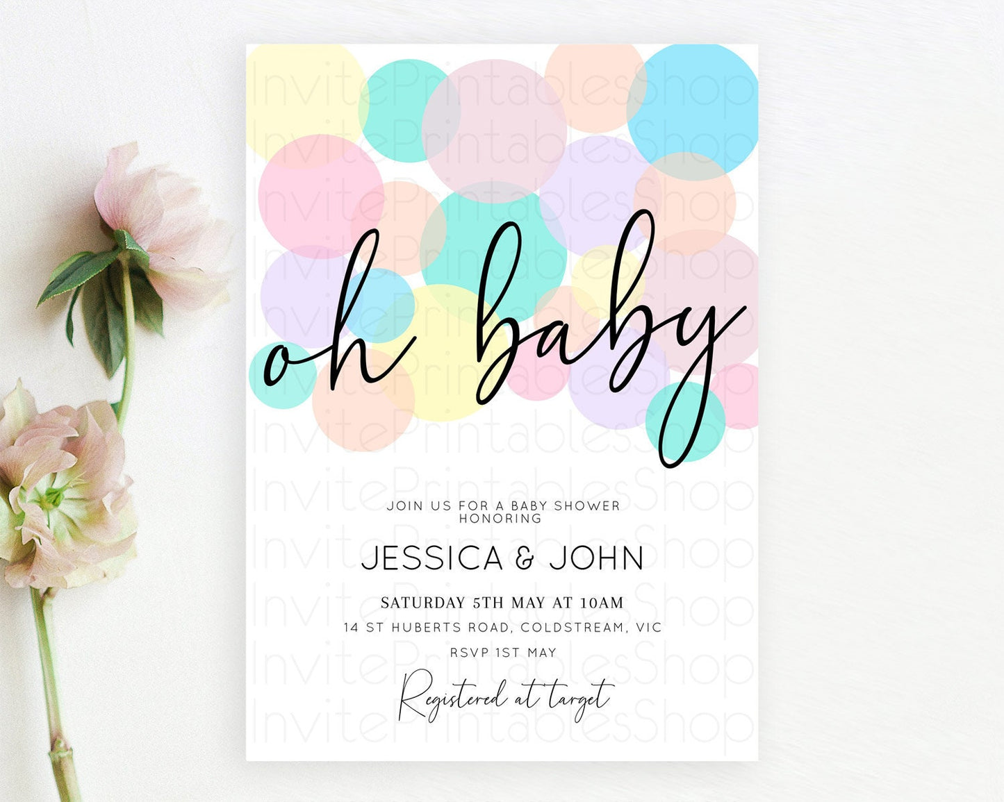 Pastel Rainbow Baby Shower Invitation Pastel Invitation Sprinkles Bubbles Invitation Colorful Rainbow Confetti Pink Blue Yellow Theme D10784