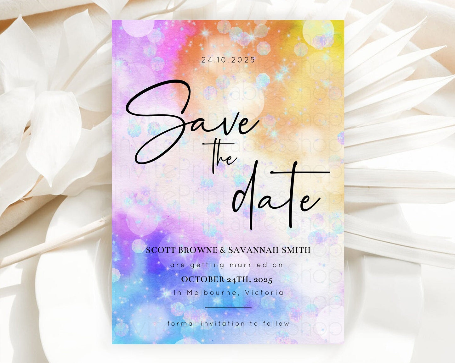 Colorful Save The Date Template Pastel Rainbow Watercolor Iridescent Ombre Party For 1st Birthday Baptism Baby Shower Bridal Shower D10690