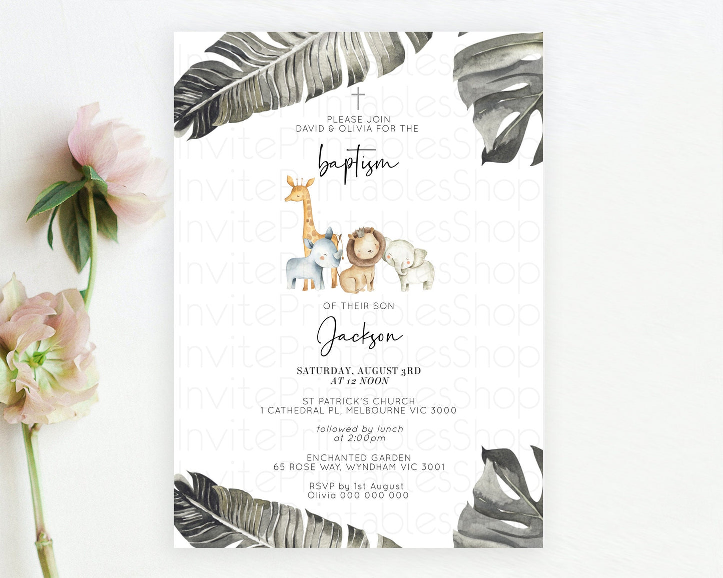 Safari Baptism Invitation Safari Adventure Baptism Birthday Invitation Lion Gorilla Elephant Rhino Tropical Palm Jungle Adventure D10599