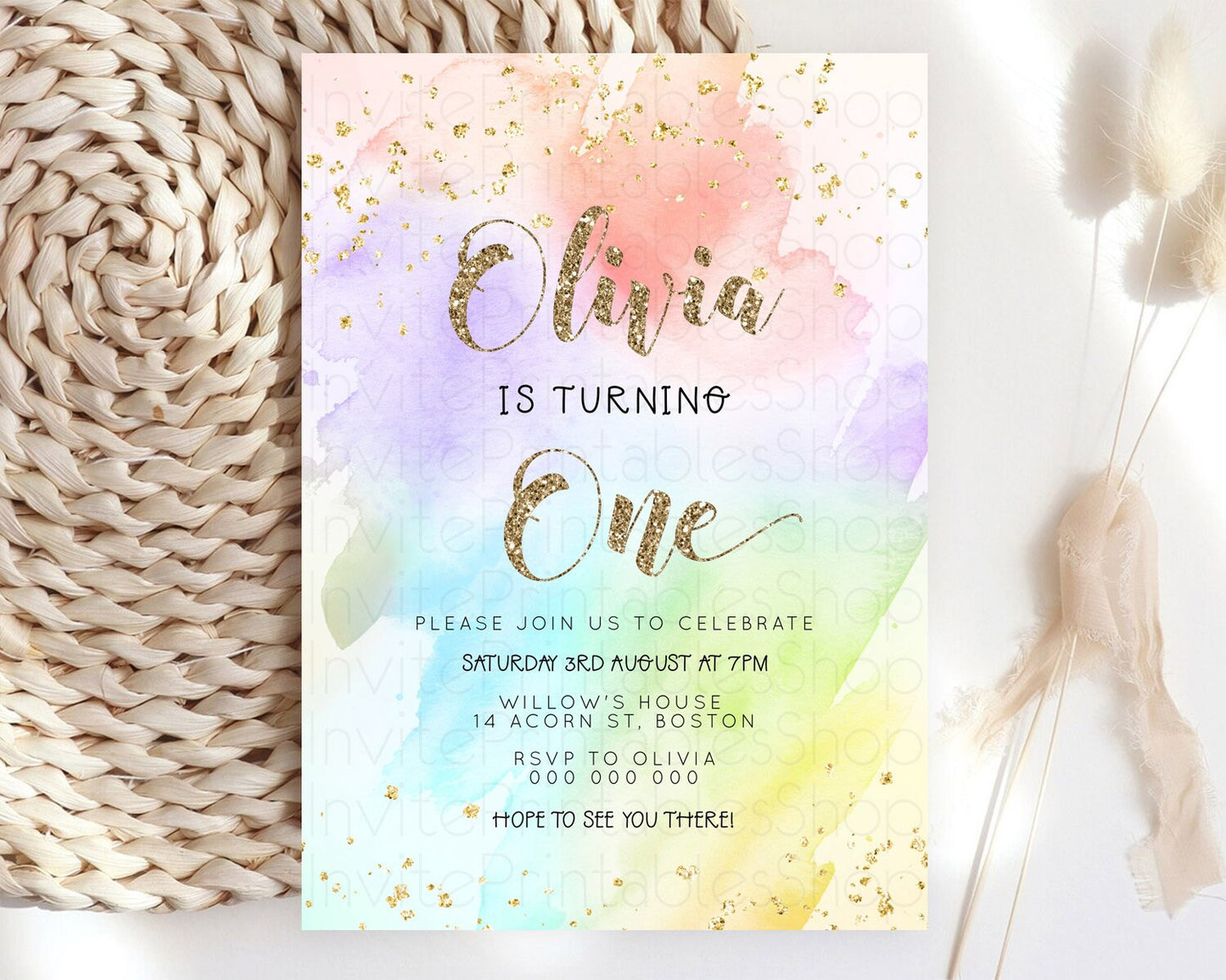 Rainbow Birthday Invitation Colorful Pastel Watercolor Invitation Gold Glitter Sprinkles Ombre Pastel 1st 2nd 3rd Birthday D23302