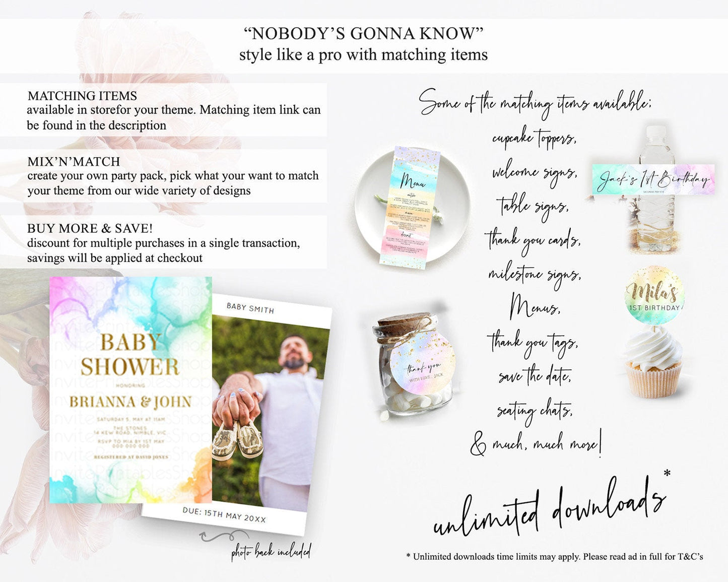 Pastel Rainbow Baby Shower Invitation, Gender Reveal Colorful Watercolor with Gold Glitter Sprinkles, Ombre Blue, Pink, Orange D10181