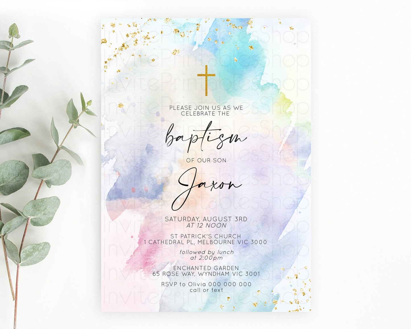 Pastel Baptism Invitation Pastel Colors Watercolor Baptism 1st Birthday Party Gold Ombre Pastel Rainbow Christening Holy Communion D10420
