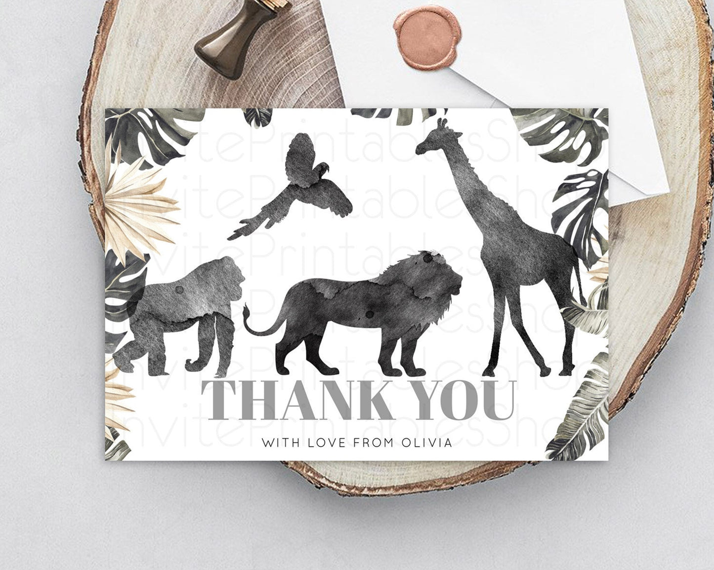 Safari Thank You Safari Thank You Cards Lion Gorilla Elephant Rhino Tropical Palm Zoo Birthday Thank You Safari Teacher Thank You D10865