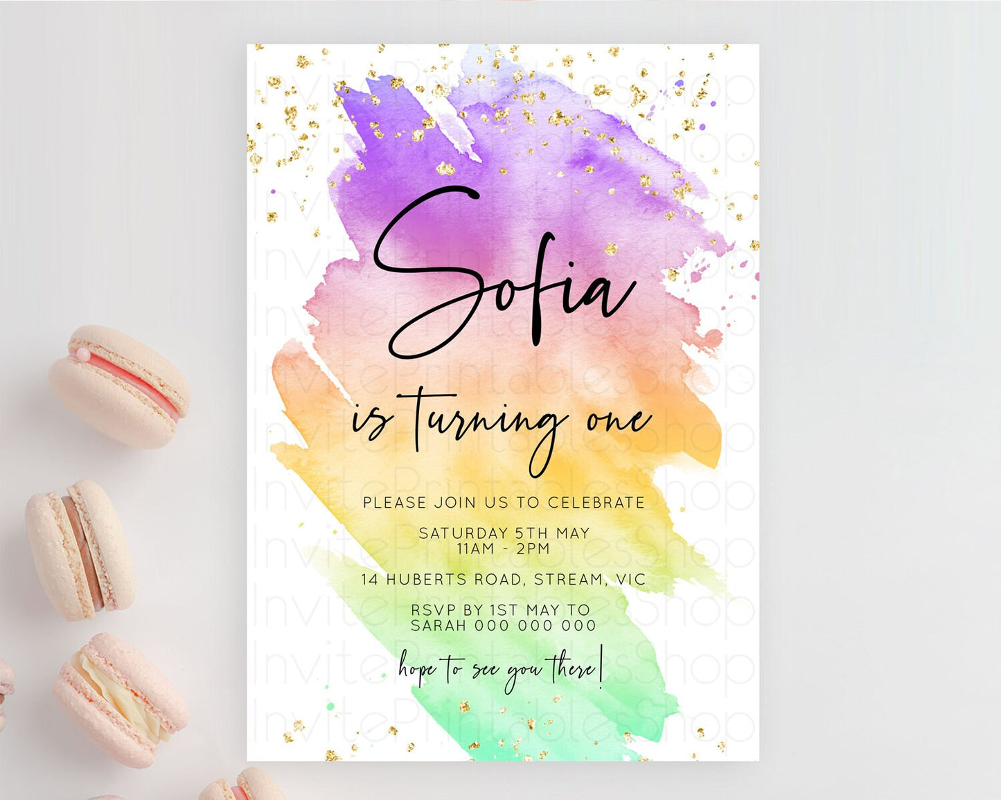 Rainbow Birthday Invitation Colorful Pastel Watercolor Invitation Gold Glitter Sprinkles Ombre Pastel 1st 2nd 3rd Birthday D10518