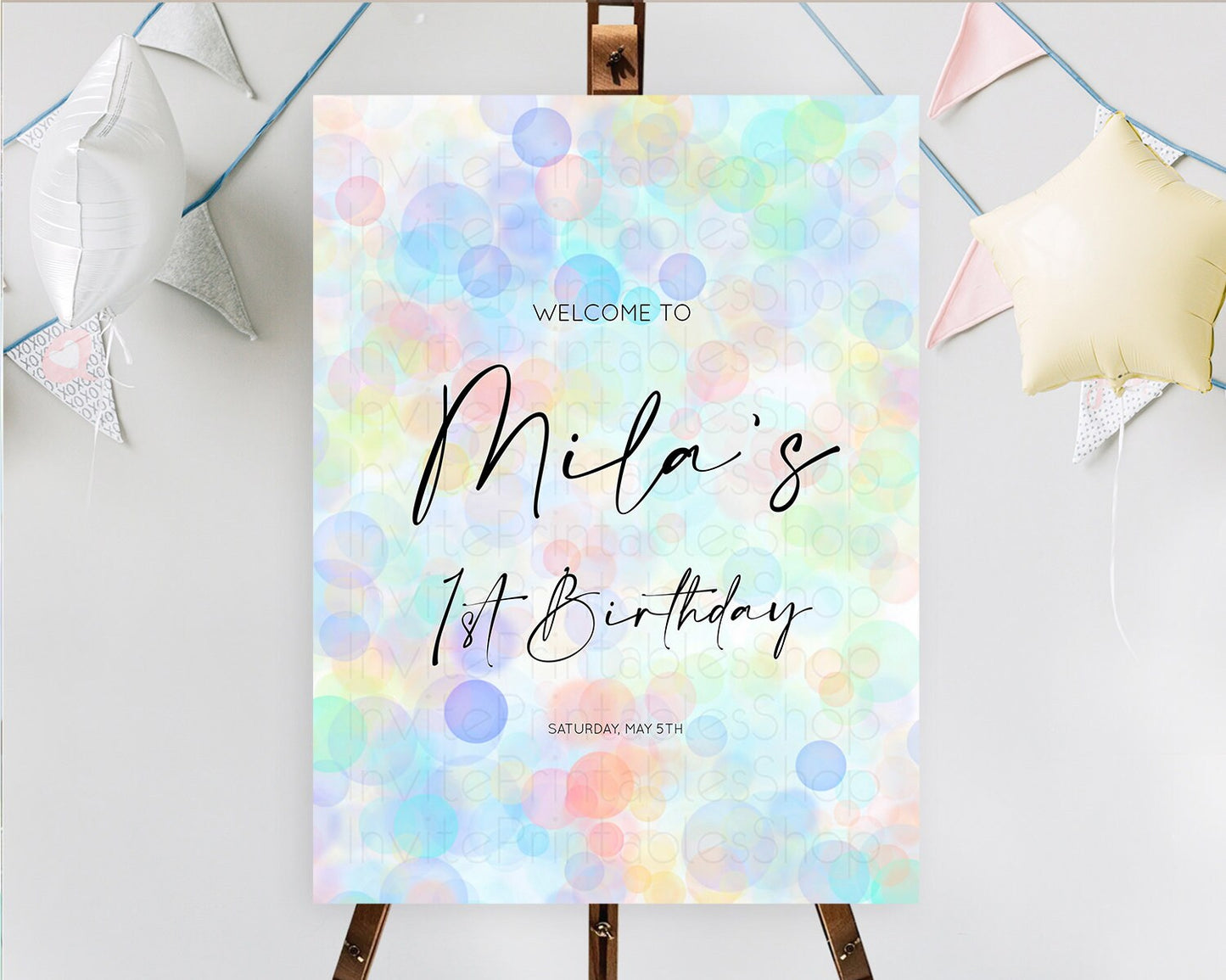 Pastel Welcome Sign Bubble Bath Birthday Party Rainbow Welcome Board Pastel Bubbles Colorful Confetti First Birthday Welcome Sign D10446