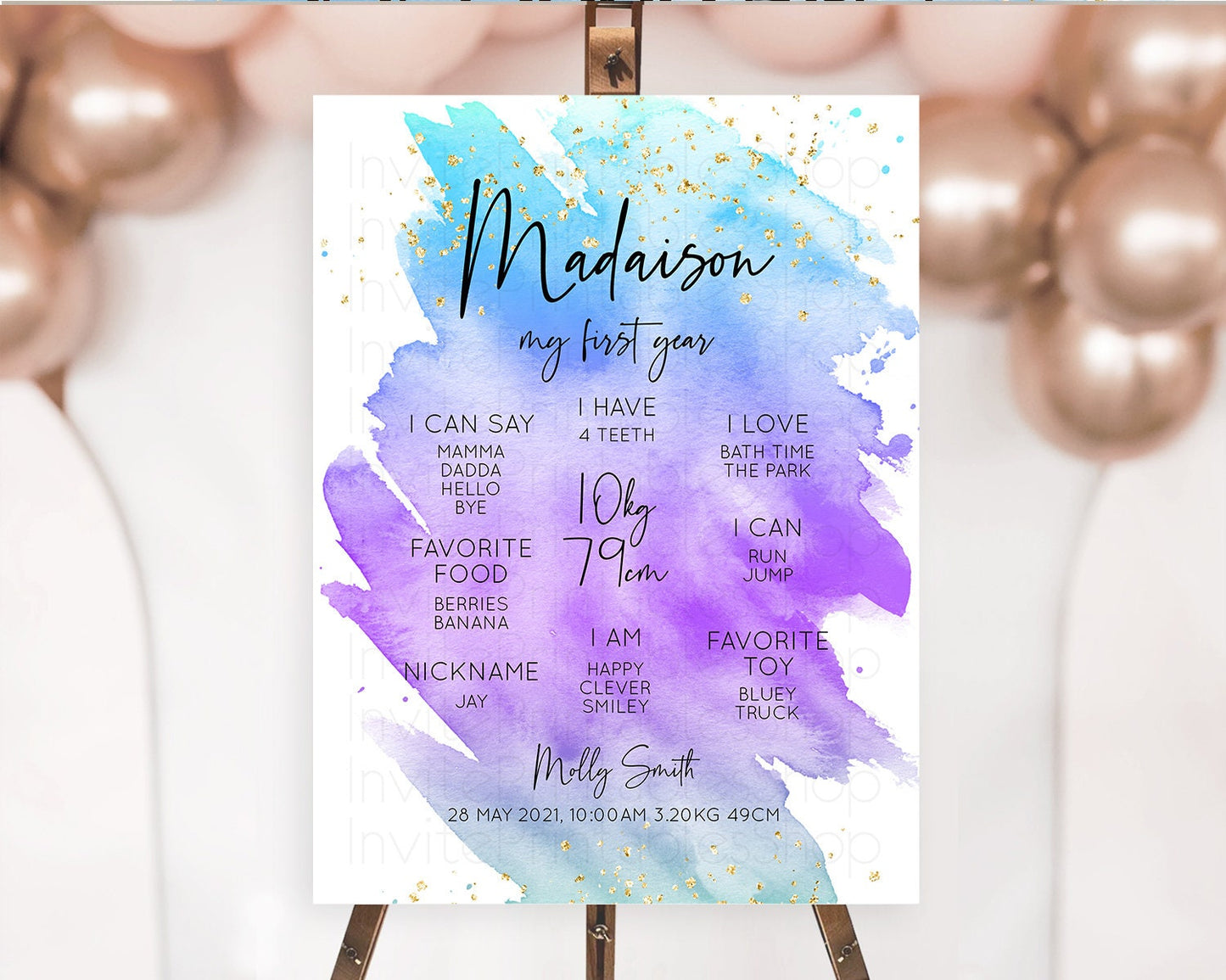 Pastel First Birthday Milestone Board Pastel Rainbow Milestone Poster Colorful Confetti Watercolor Glitter 1st Birthday Welcome Sign D10491