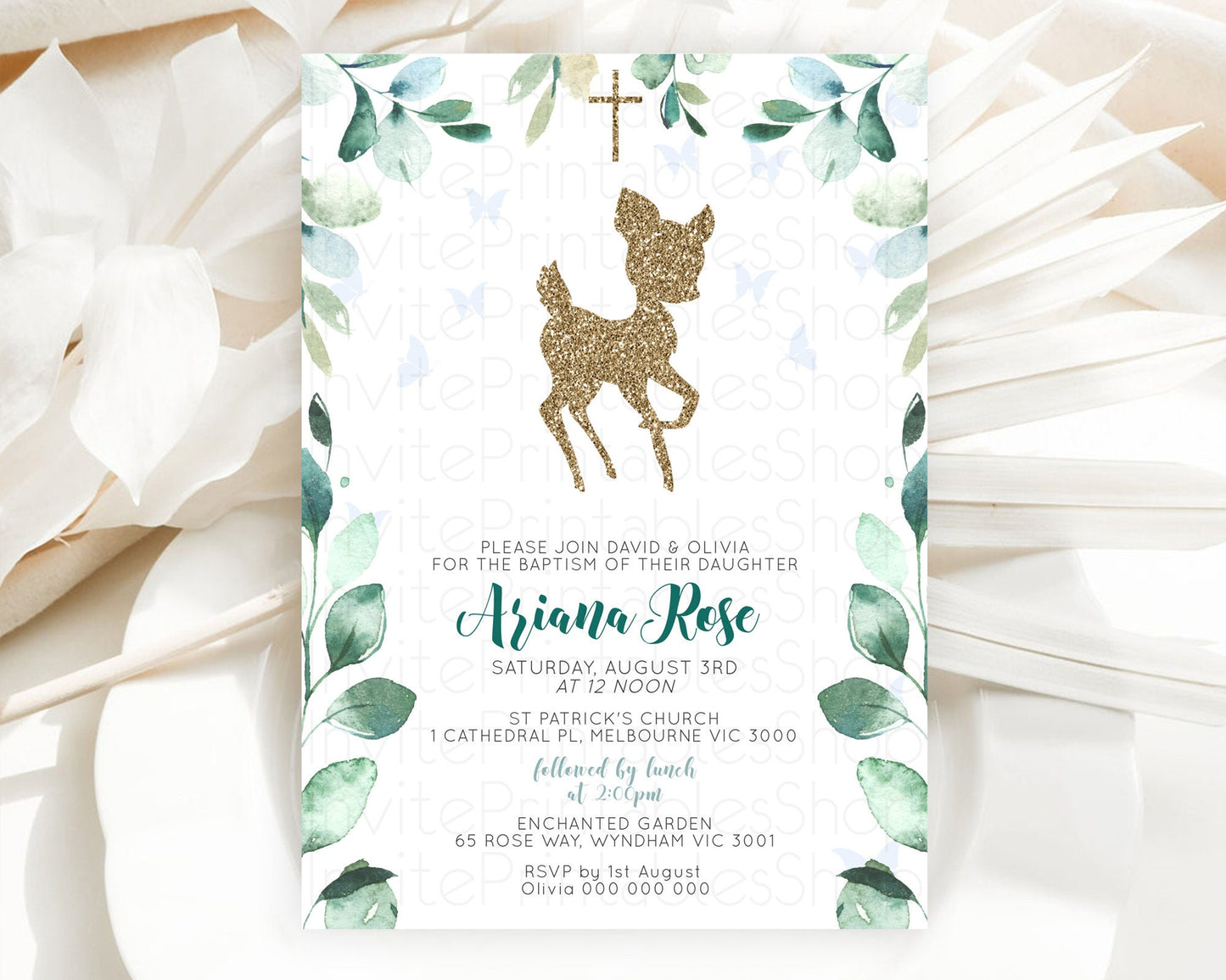 Fawn Baptism Invitation Deer Baptism 1st Birthday Invitation Enchanted Forest Christening Invitation Pastel Garden Butterfly Floral D10882