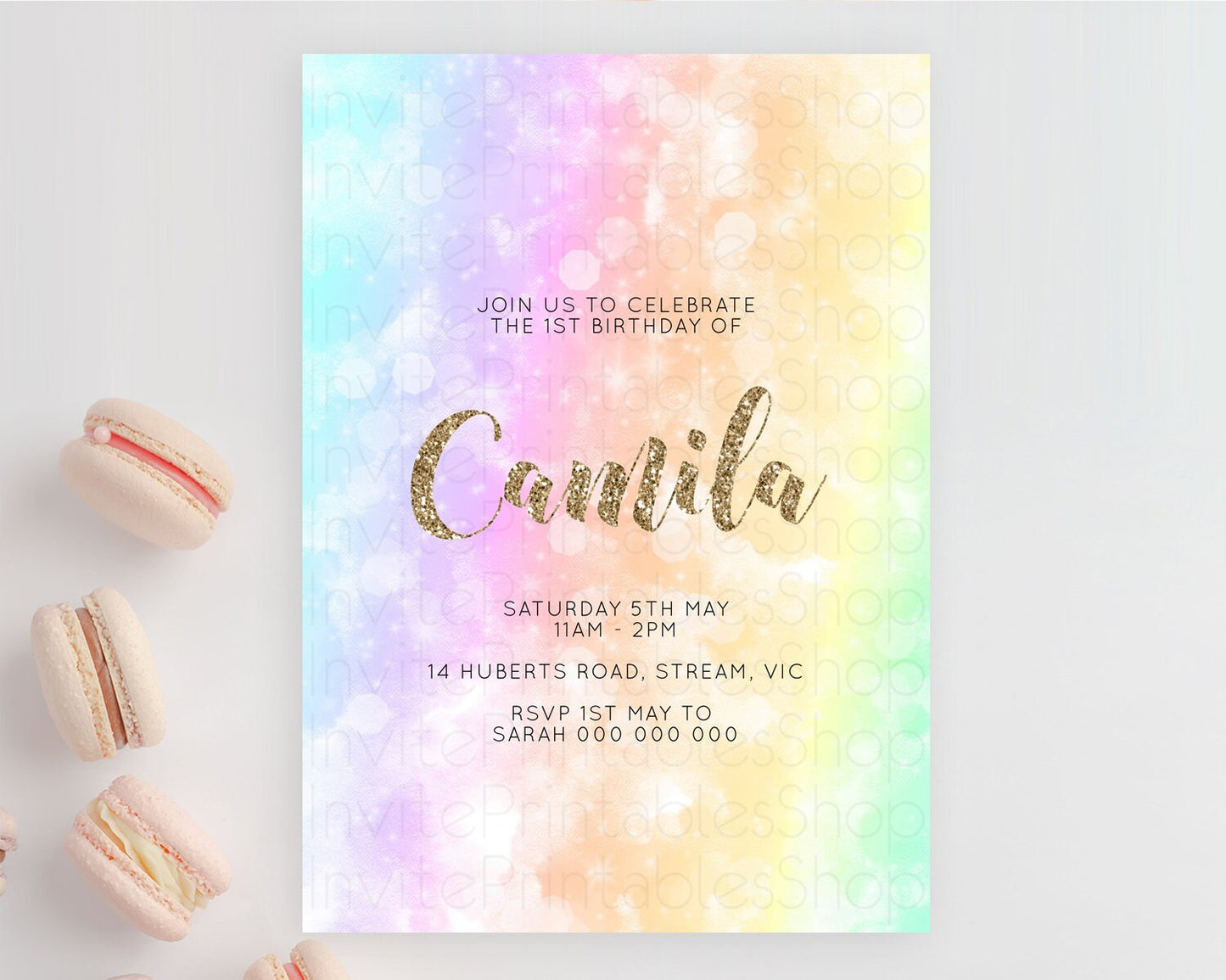Rainbow Birthday Invitation Colorful Pastel Watercolor Invitation Gold Glitter Sprinkles Ombre Pastel 1st 2nd 3rd Birthday D10648