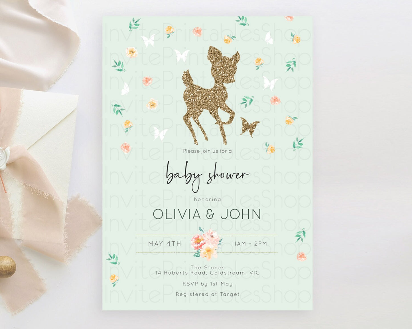 Fawn Baby Shower Invitation, Enchanted Forest Theme Glitter Deer, Butterflies, Pastel Flowers - Whimsical Floral Orange, Green D10385