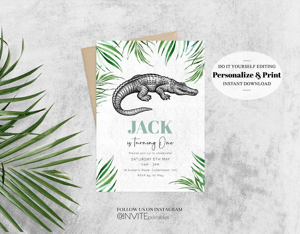 Crocodile Birthday Invitation Alligator Invite Watercolor Tropical Palm Jungle Safari Adventure Zoo Party Wild Party Animal Editable p285