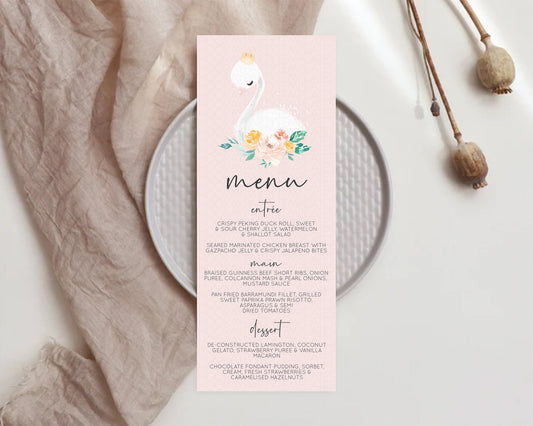 Swan Menu Swan Princess Ballet Menu Template Enchanted Swan Lake Table Decor Secret Garden Pastel Floral Dinner Dessert Food Menu  D10388