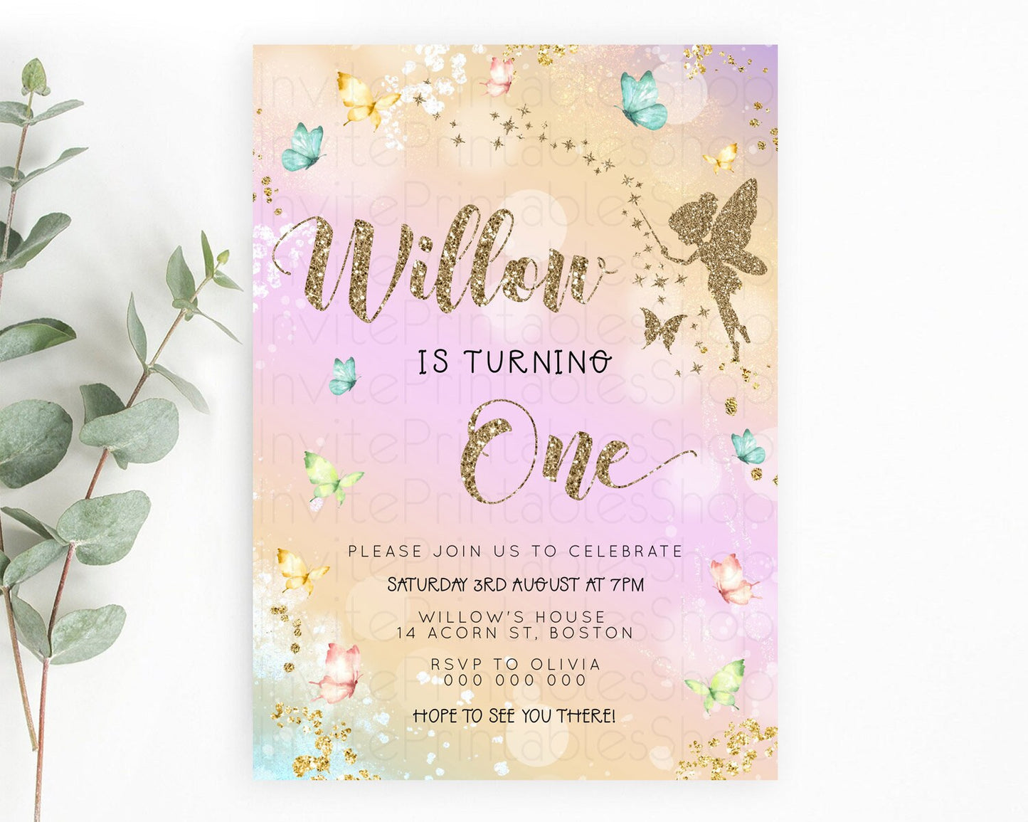 Pastel Fairy Birthday Invitation Pastel Butterflies Fairy Birthday Invitation Rainbow Ombre Watercolor 1st 2nd Birthday Invitation D23158