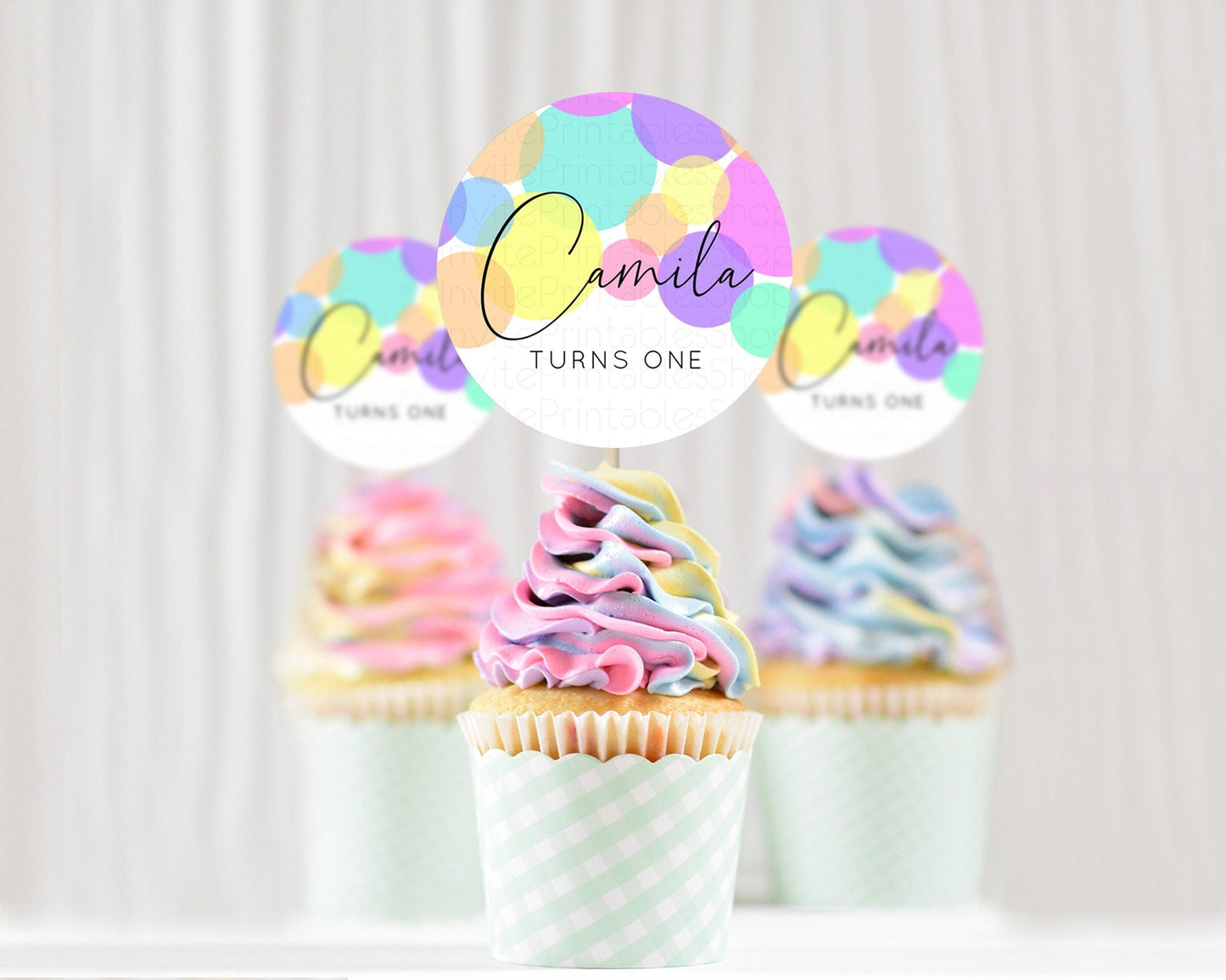 Pastel Cupcake Toppers Pastel Confetti Cupcake Topper Bubbles Sprinkles Colorful Rainbow Confetti Cupcake First Birthday Party Decor D10888