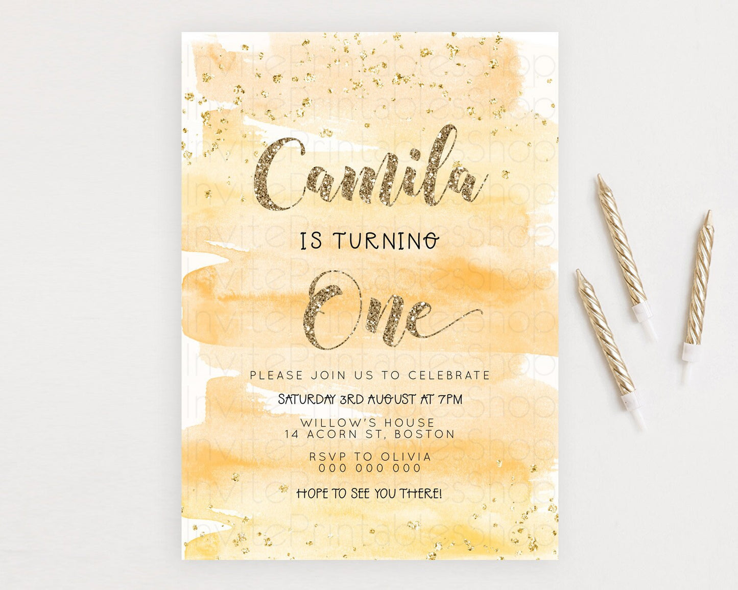 Rainbow Birthday Invitation Colorful Pastel Watercolor Invitation Gold Glitter Sprinkles Ombre Pastel 1st 2nd 3rd Birthday D23278