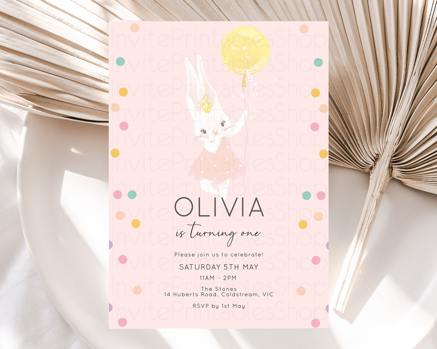 Bunny Birthday Invite Balloon Birthday Invitation Cute Bunny Rabbit Rainbow Sprinkles Confetti Pastel Confetti Pink Yellow 1st 2nd 3rd 141