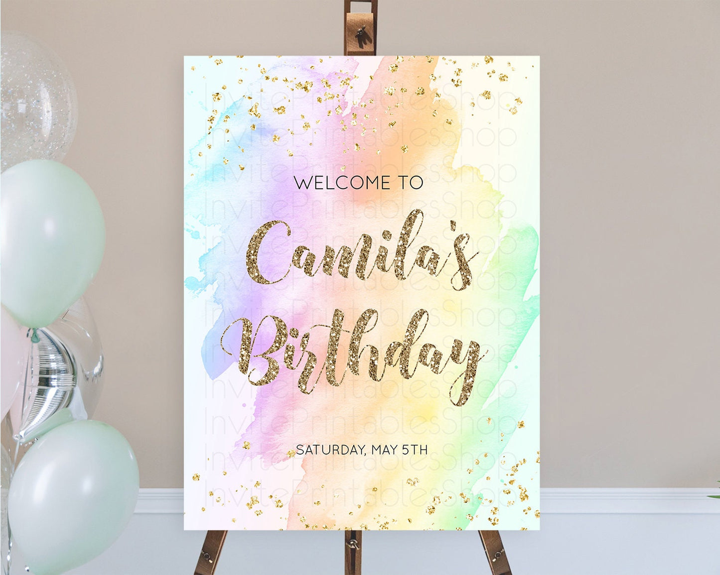 Pastel Welcome Sign Pastel Rainbow Welcome Sign Colorful Rainbow Confetti Watercolor Glitter Pastel First Birthday Welcome Sign D10643