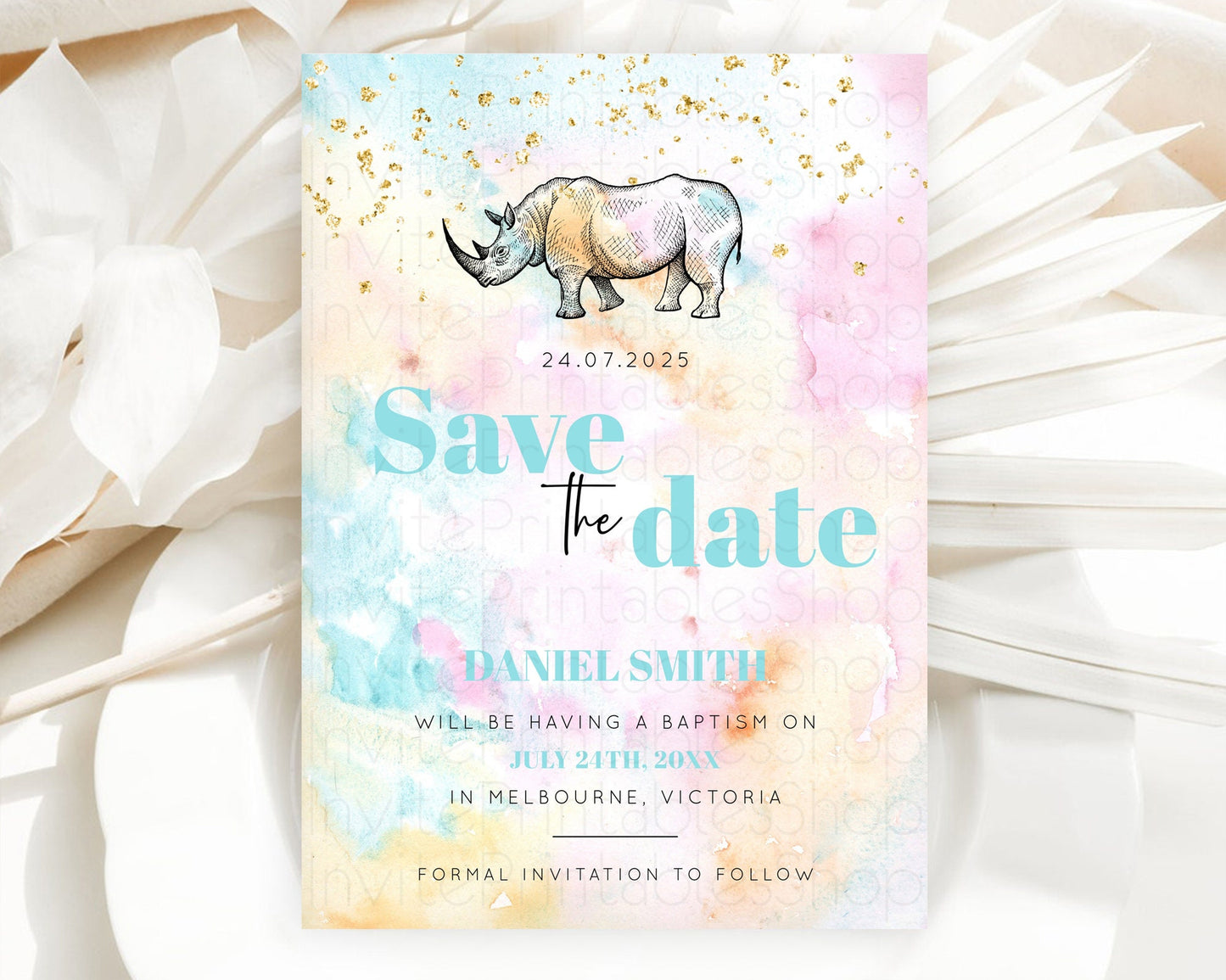 Pastel Rhino Save The Date Template Rainbow Watercolor Rhino Party Save The Date Colorful Rhino Theme Birthday Baptism Baby Shower D10287