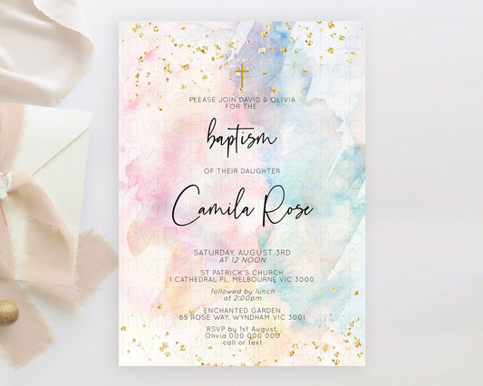 Editable Pastel Baptism Invitation Pastel Colors Watercolor Baptism 1st Birt