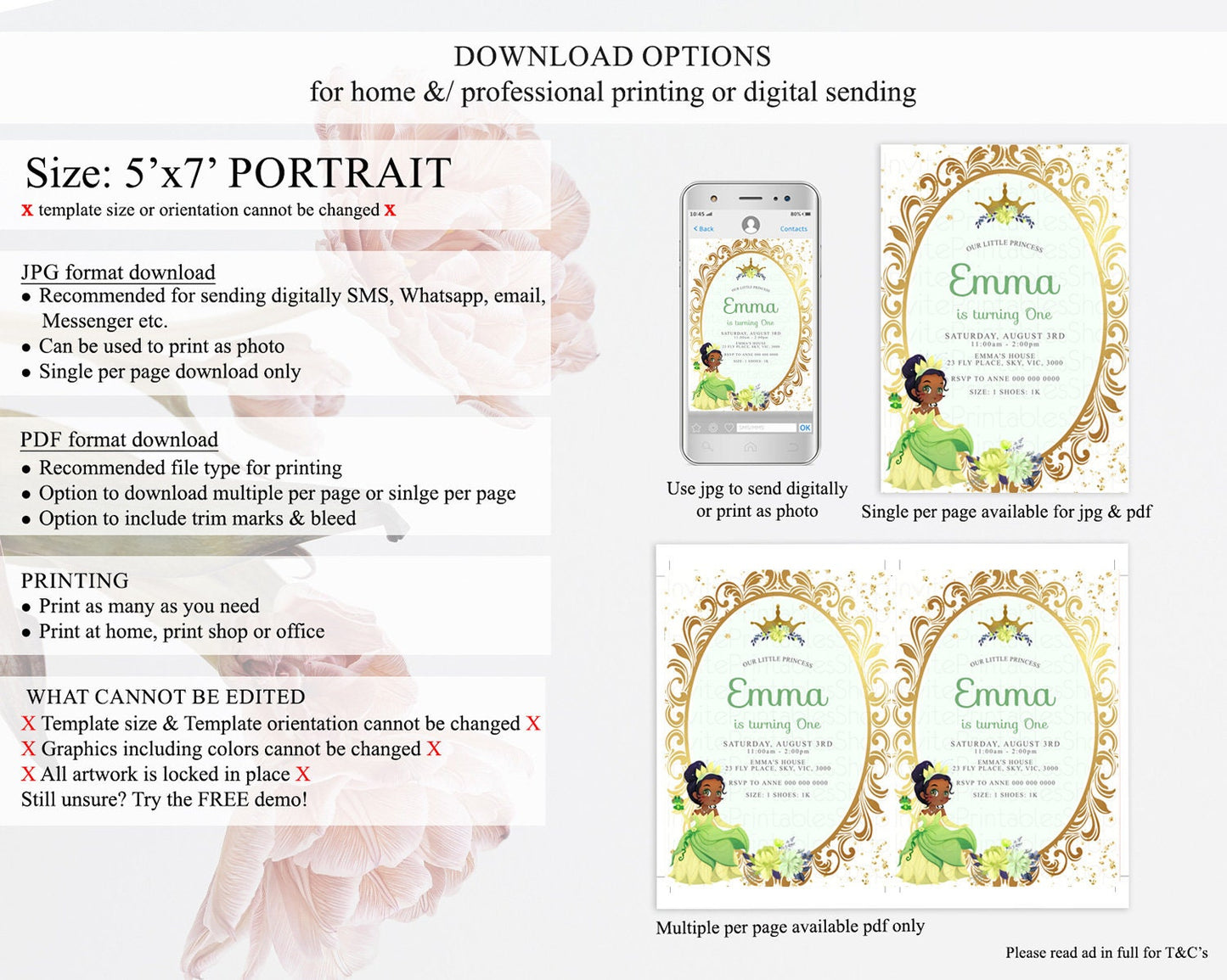 Princess Birthday Invitation Castle Invitation Royal Birthday Fairy Tale Enchanted Mirror Pastel Floral Garden 1st First Birthday D10131