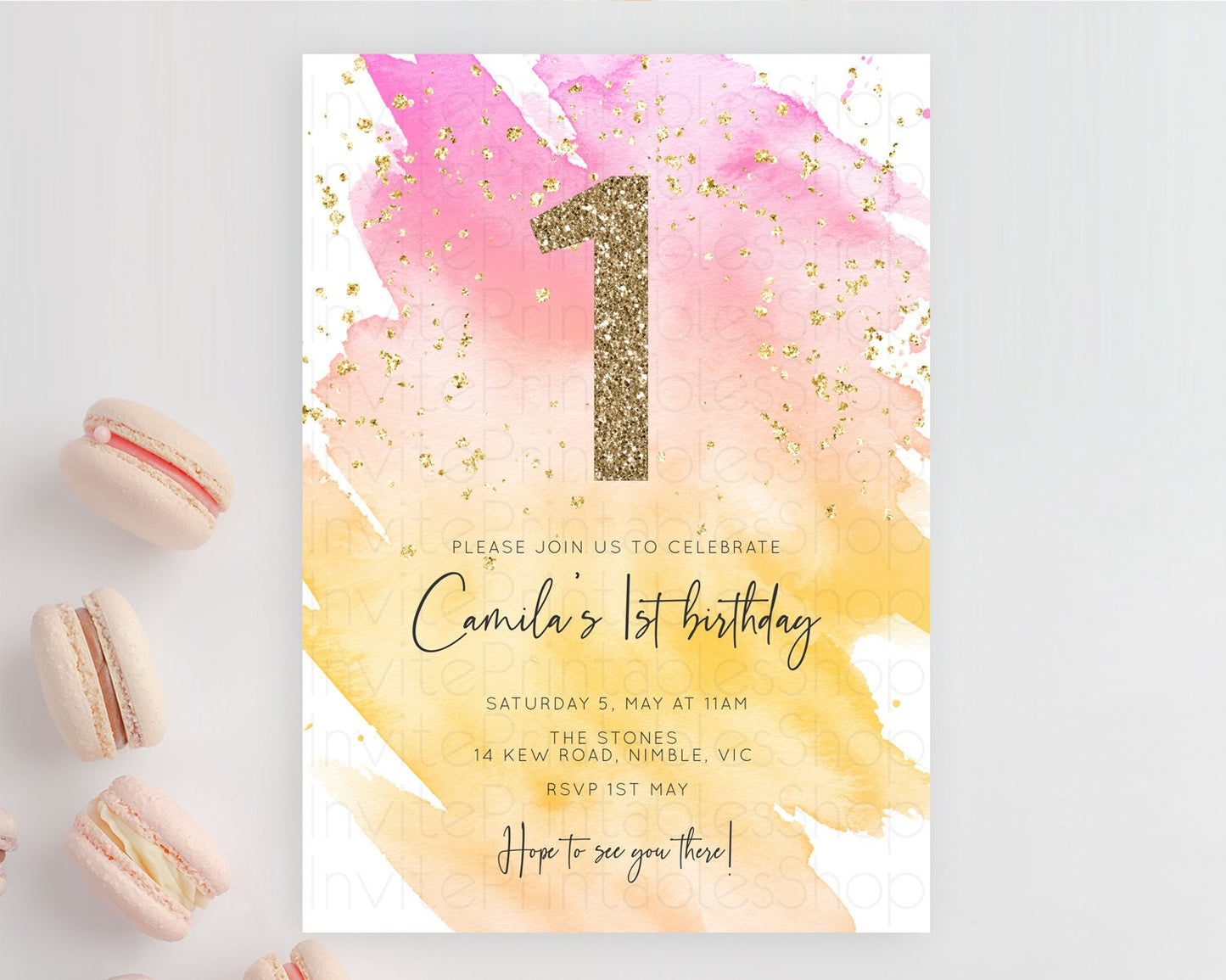 Rainbow Birthday Invitation Colorful Pastel Watercolor Invitation Gold Glitter Sprinkles Ombre Pastel 1st 2nd 3rd Birthday D10527