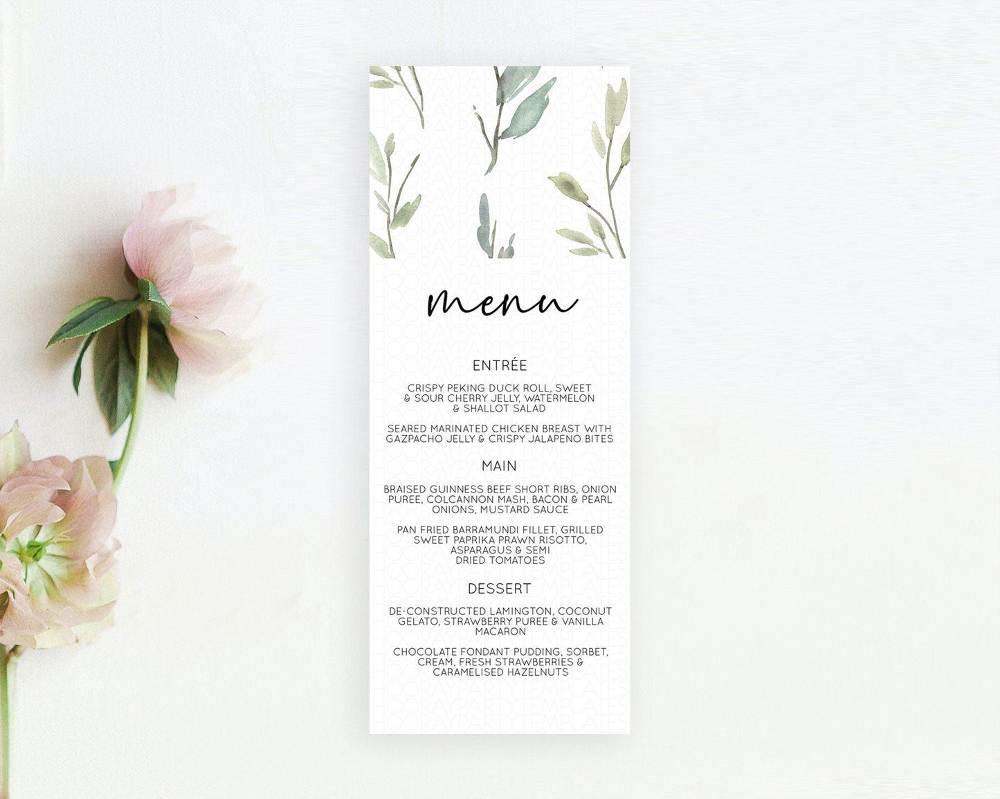 Leafy Menu Green Leaf Menu Template Eucalyptus Fern Leaves Decor Watercolor Boho Garden Leaf Branch Dinner Dessert Party Food Menu D11058