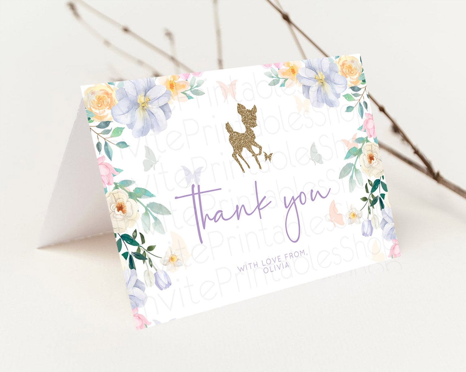 Editable Fawn Thank You Deer Thank You Card Pastel Floral Deer Birthday Than
