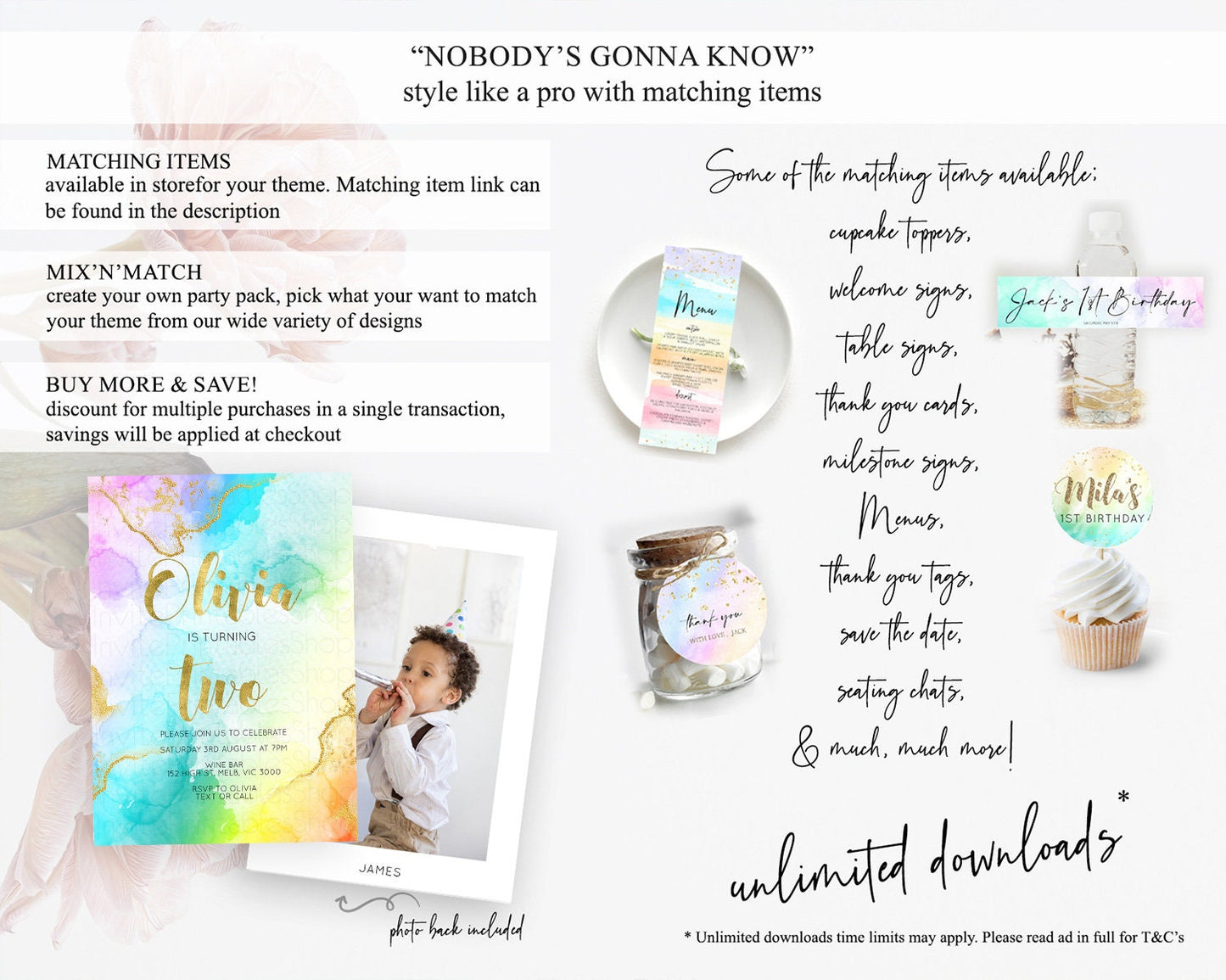 Rainbow Birthday Invitation Colorful Pastel Watercolor Invitation Gold Glitter Sprinkles Ombre Pastel 1st 2nd 3rd Birthday D10392