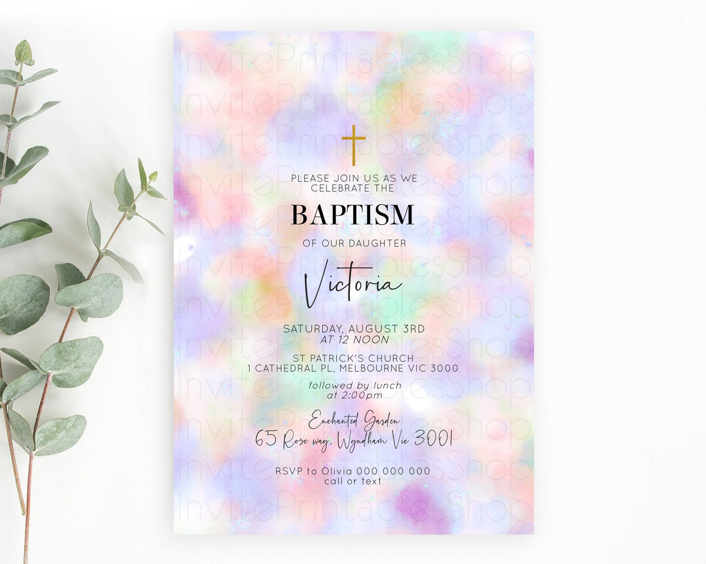 Pastel Baptism Invitation Pastel Colors Watercolor Baptism 1st Birthday Party Gold Ombre Pastel Rainbow Christening Holy Communion D10697