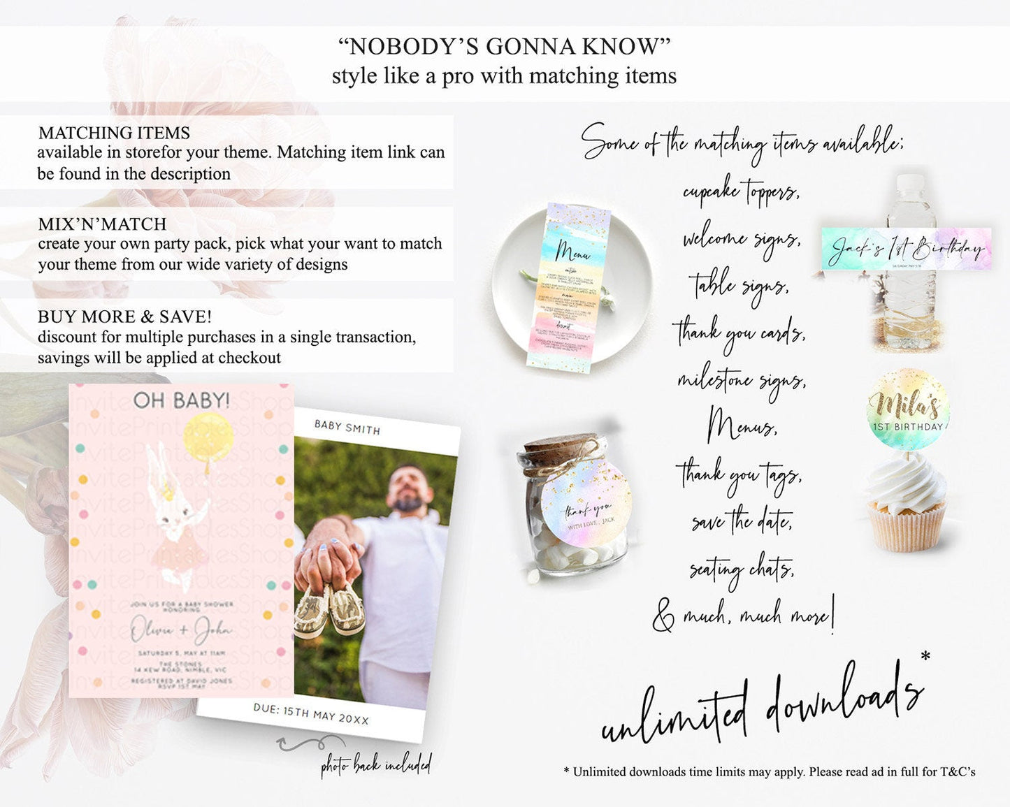 Bunny Baby Shower Invitation, Oh Baby, Cute Bunny Holding Yellow Balloon - Light Pink, Pastel Colorful Confetti - Sweet Pastel Theme D10219