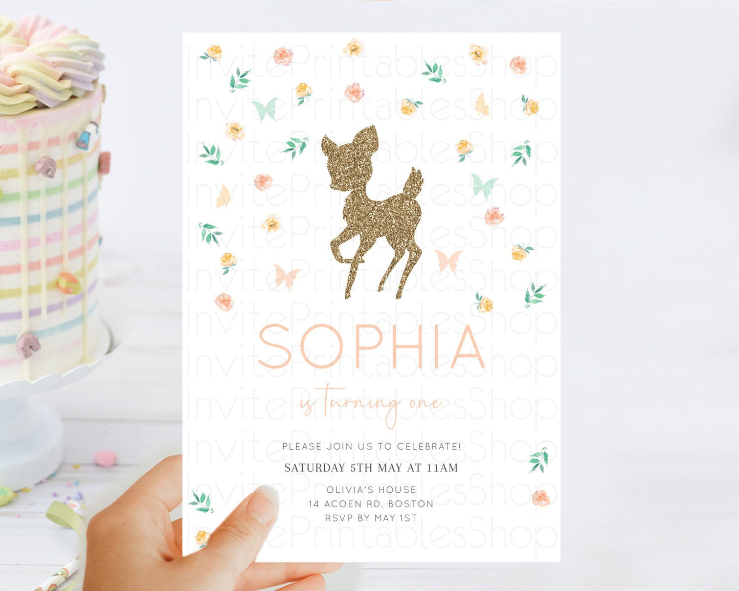 Fawn Birthday Invitation Deer Birthday Invitation Enchanted Forest Party Butterfly Pastel Flowers Whimsical 2nd 1st First Birthday D10355