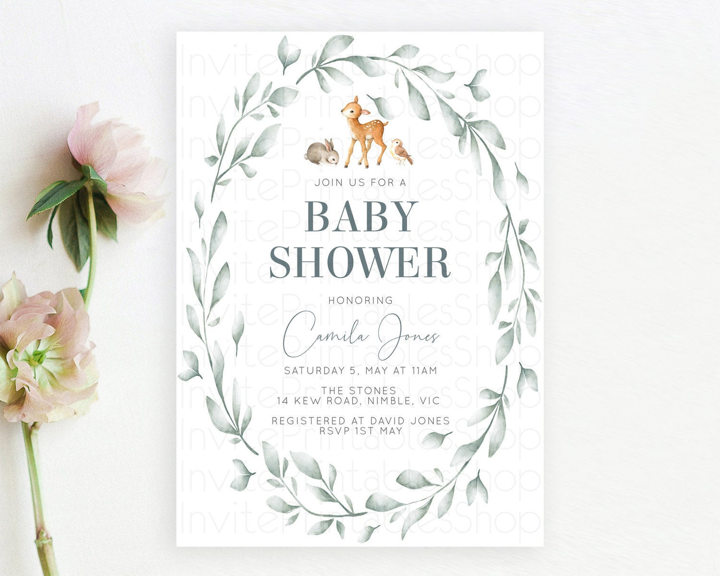 Fawn Baby Shower Invitation, Enchanted Forest, Whimsical Deer, Cute Bunny And Bird, Woodland, Leafy Crown, Organic Green Tone D10872