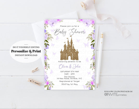 Princess Baby Shower Castle Invitation Disney Invitation Glitter Pastel Florals Secret Garden Enchanted Castle Magical Butterflies Flutters