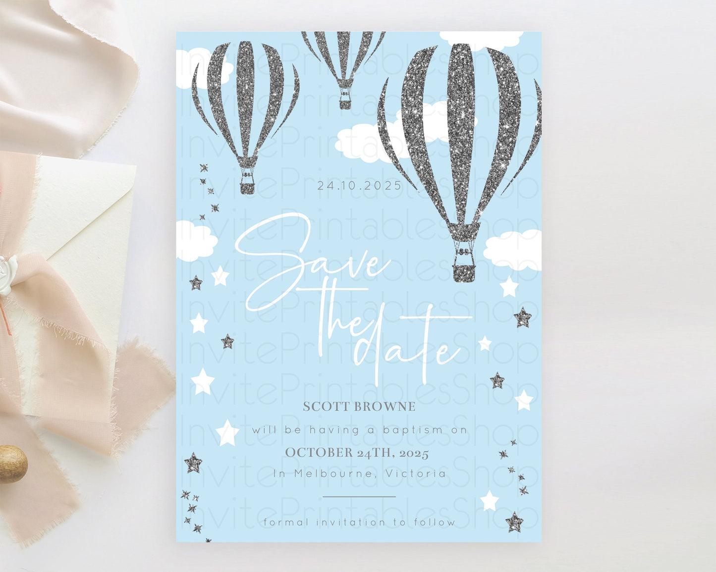 Hot Air Balloon Save The Date Template Adventure Awaits Mr. ONEderful Party 1st Birthday Baptism Baby Shower D10335