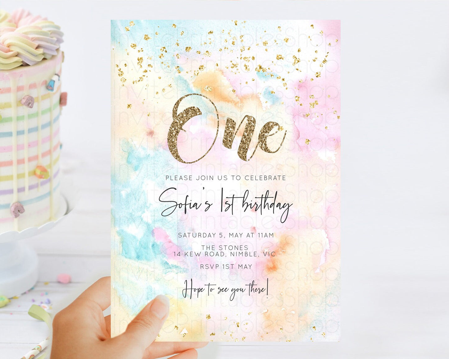 Rainbow Birthday Invitation Colorful Pastel Watercolor Invitation Gold Glitter Sprinkles Ombre Pastel 1st 2nd 3rd Birthday D10548