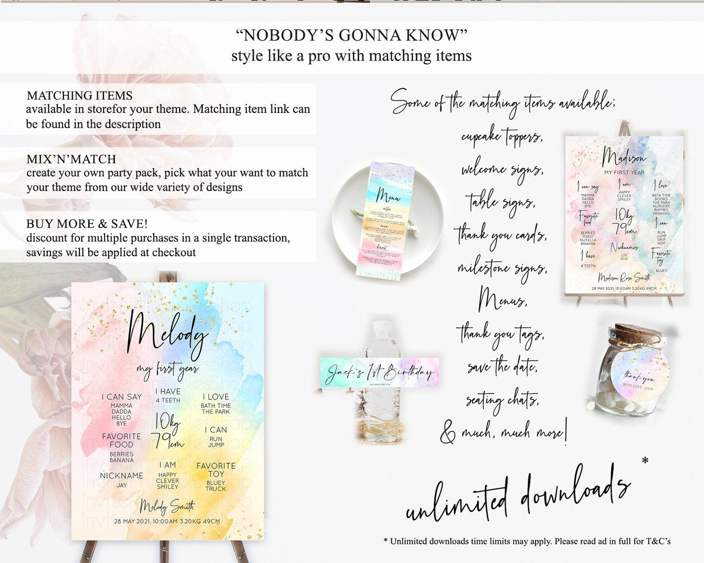 Pastel First Birthday Milestone Board Pastel Rainbow Milestone Poster Colorful Confetti Watercolor Glitter 1st Birthday Welcome Sign D10557