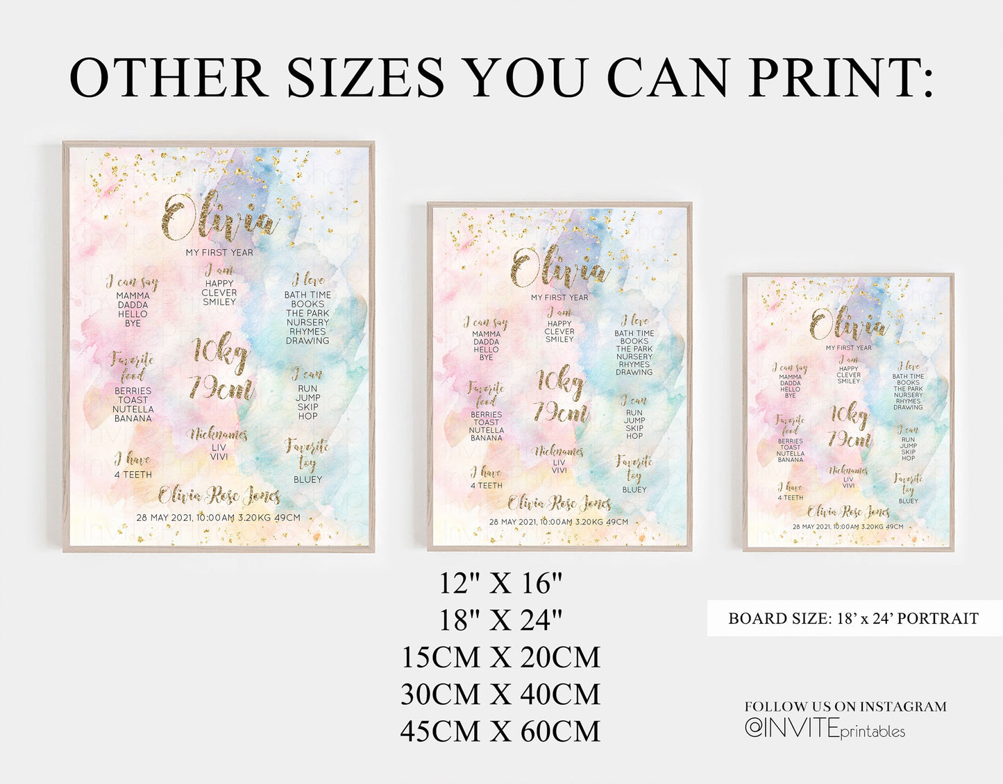 Pastel First Birthday Milestone Board Pastel Rainbow Milestone Poster Watercolor Glitter One Year Poster Colorful Splash Baby 1st Year 276