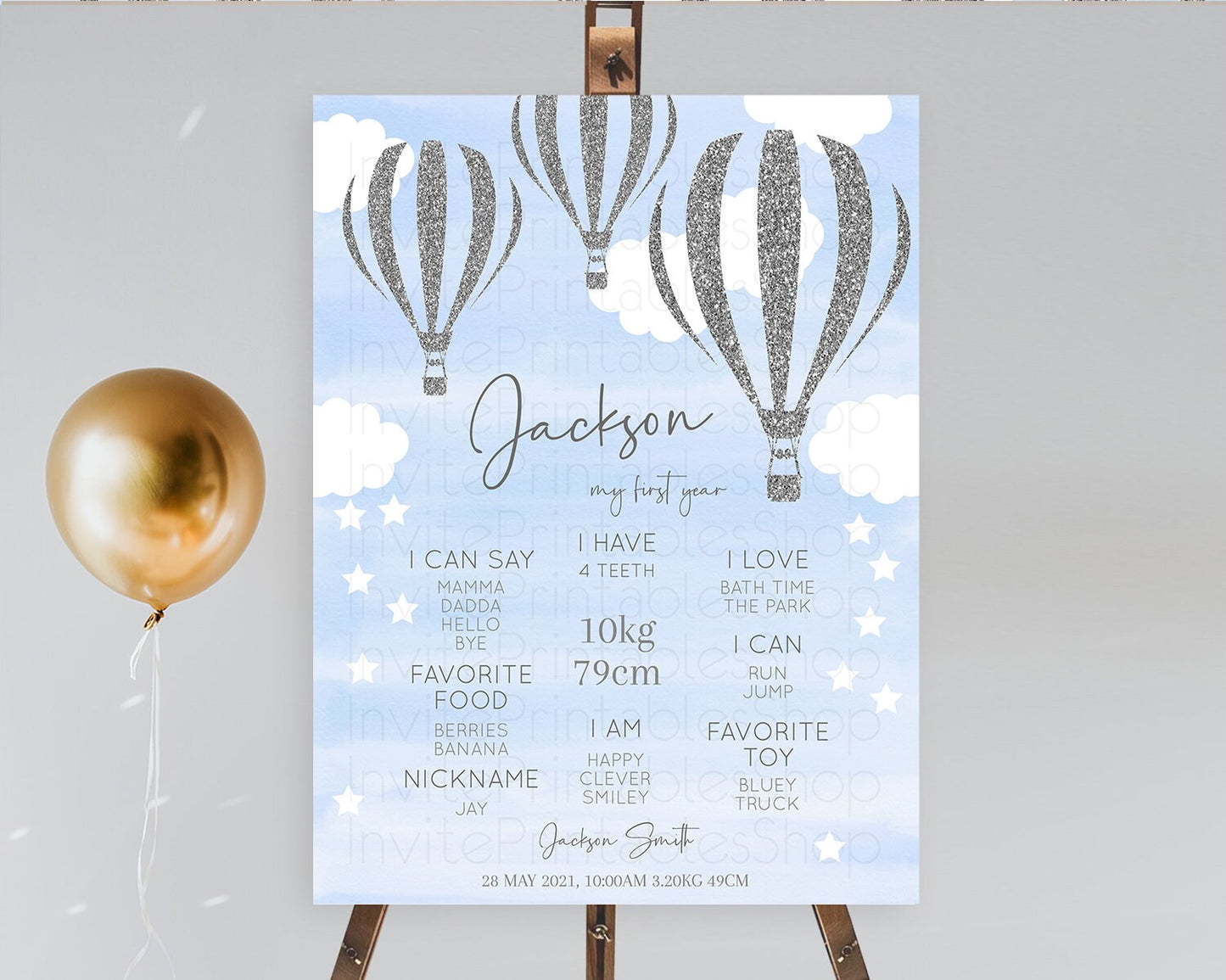 Hot Air Balloon First Birthday Milestone Poster Hot Air Balloon Milestone Board Adventure Awaits Blue Watercolor 1st Birthday Boy D10334