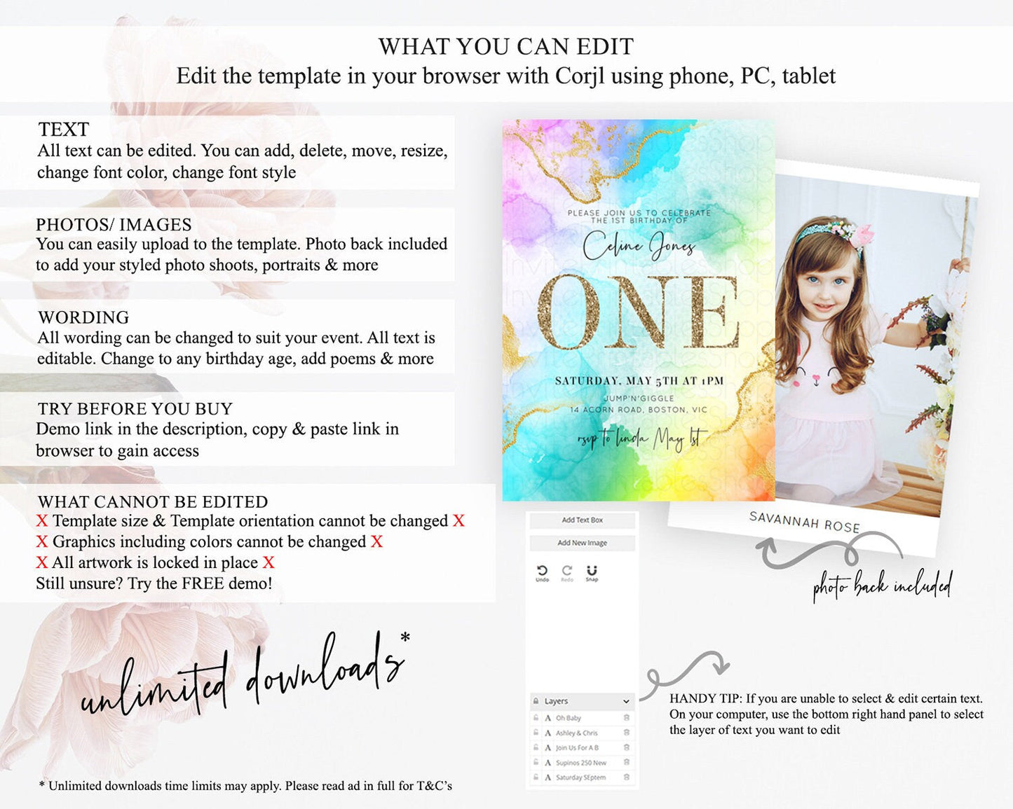 Rainbow Birthday Invitation Colorful Pastel Watercolor Invitation Gold Glitter Sprinkles Ombre Pastel 1st 2nd 3rd Birthday D10393