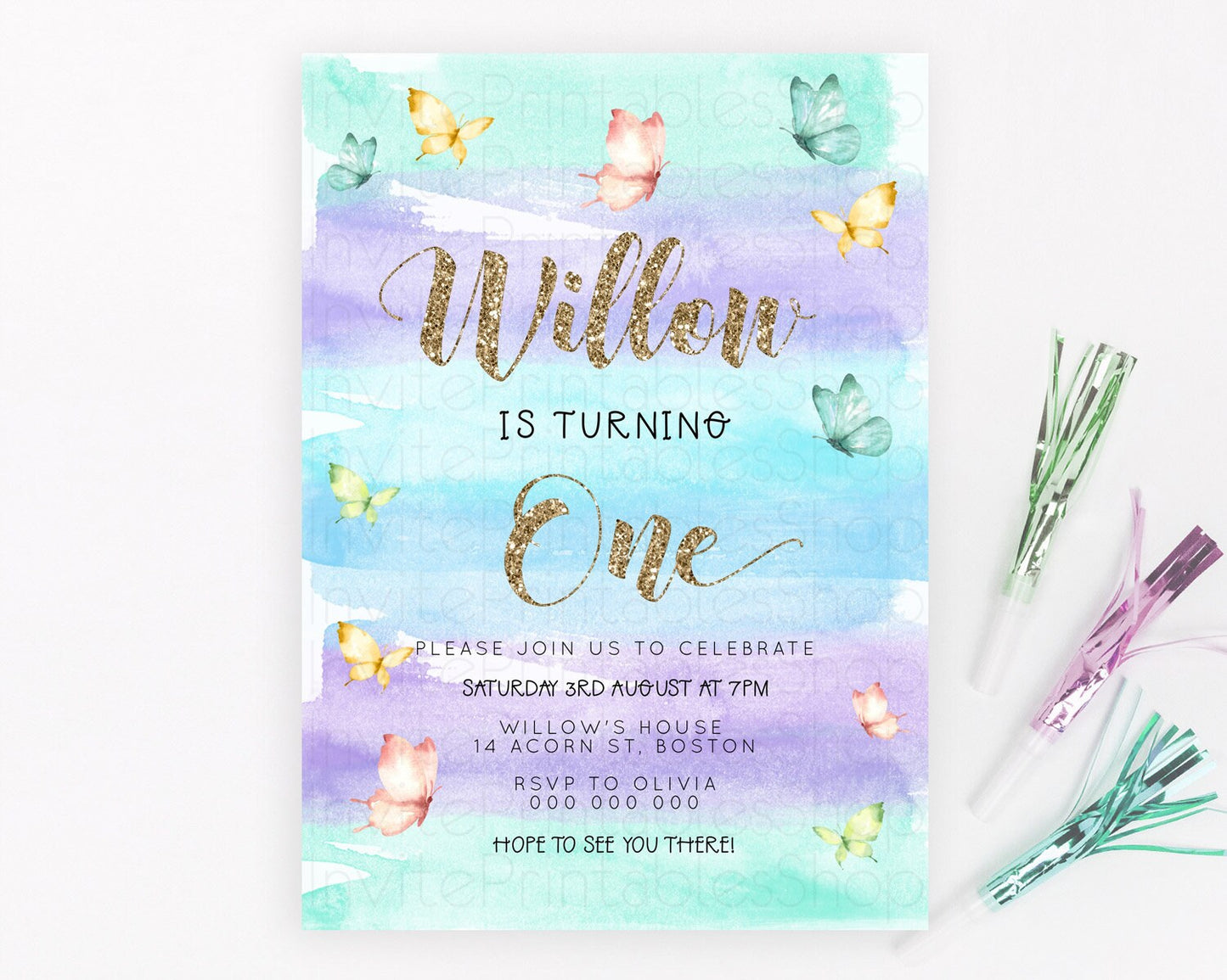 Pastel Butterfly Birthday Invitation Butterfly Birthday Invitation Colorful Splash Glitter Butterfly Garden 1st 2nd Birthday D23223