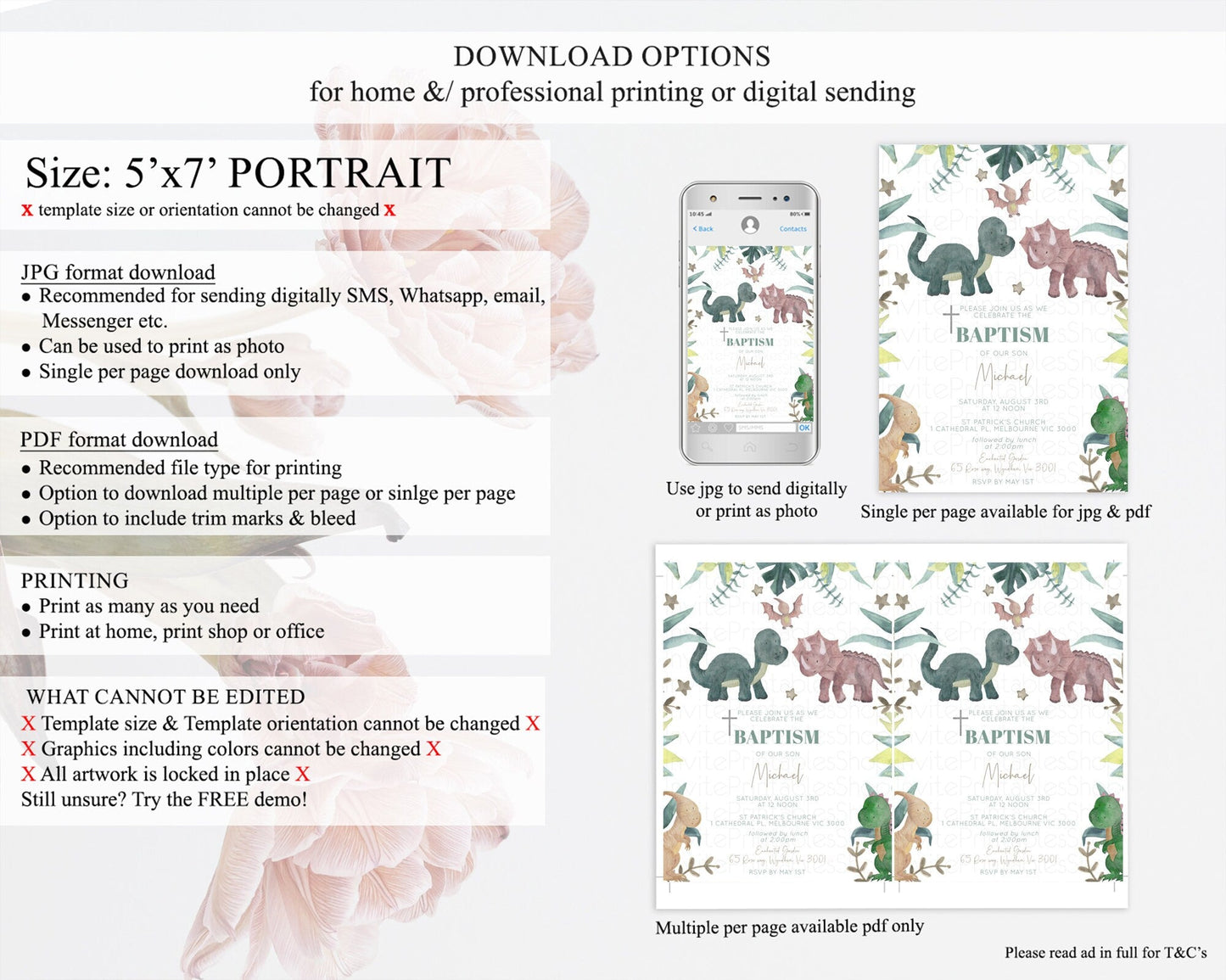 Dinosaur Baptism Invitation Dinosaur Volcano Baptism 1st Birthday Invitation Watercolor T-Rex Raptor Jurassic Christening Invitation D10597