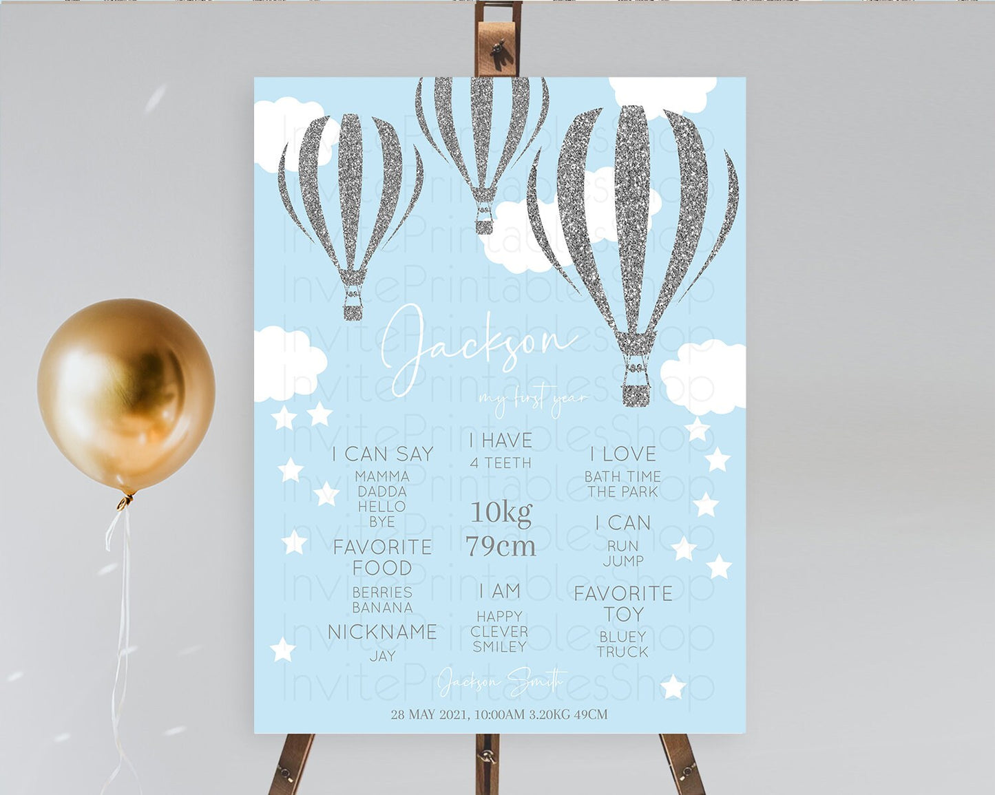 Hot Air Balloon First Birthday Milestone Poster Hot Air Balloon Milestone Board Adventure Awaits Blue Watercolor 1st Birthday Boy D10335