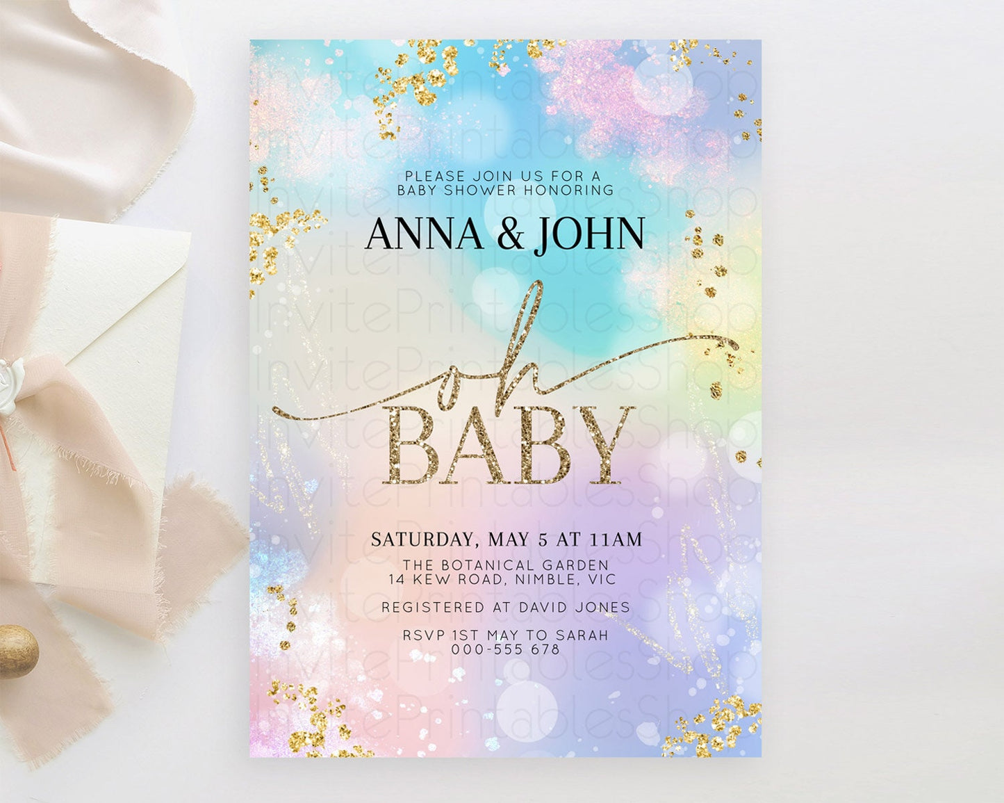 Pastel Baby Shower Invitation Rainbow Baby Shower Invitation Colorful Pastel Watercolor Invitation Gold Glitter Sprinkles Ombre D10675