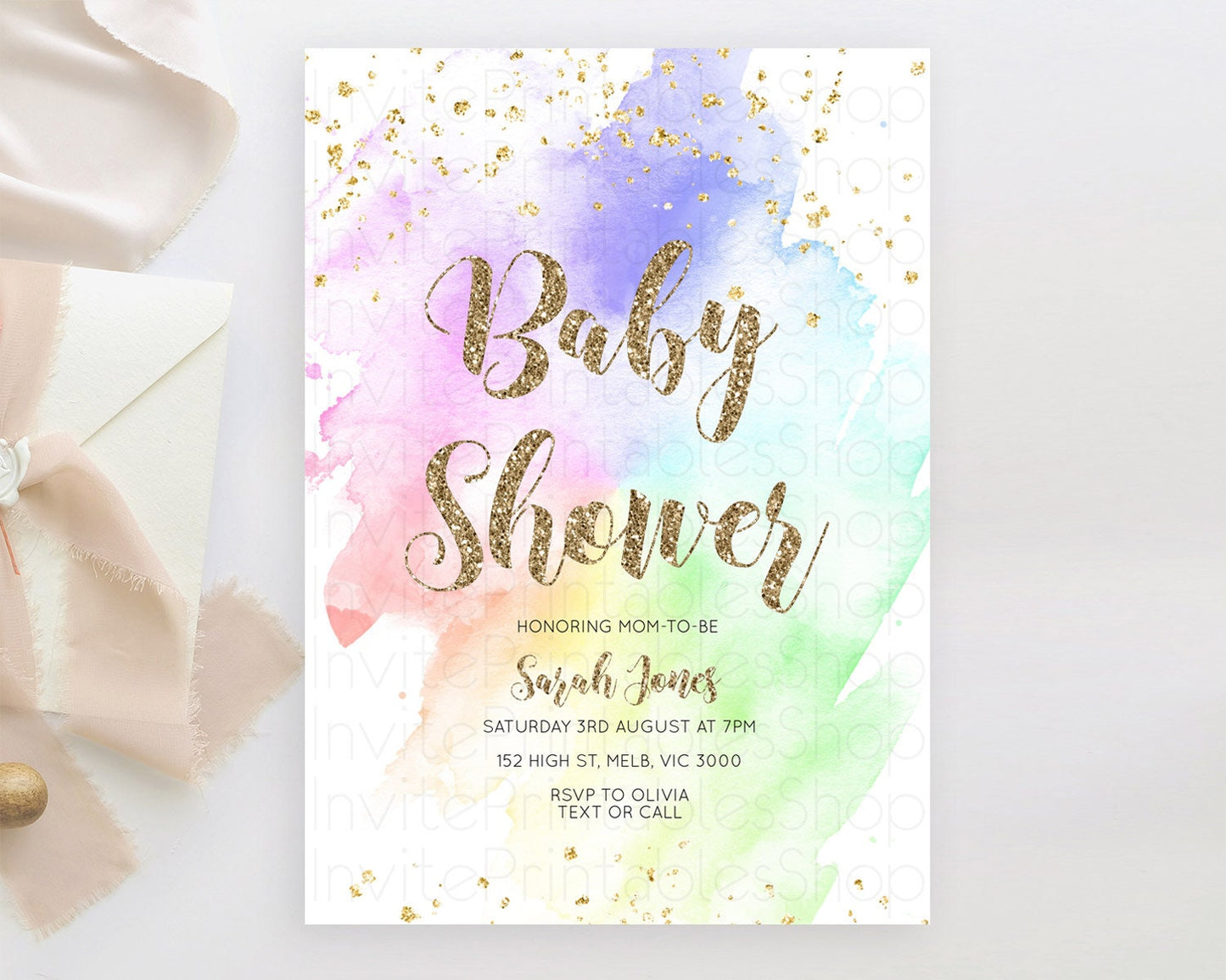 Pastel Rainbow Baby Shower Invitation, Colorful Watercolor Splash, Gold Glitter Confetti Sprinkles, Ombre Purple, Yellow, Green, Pink D10319