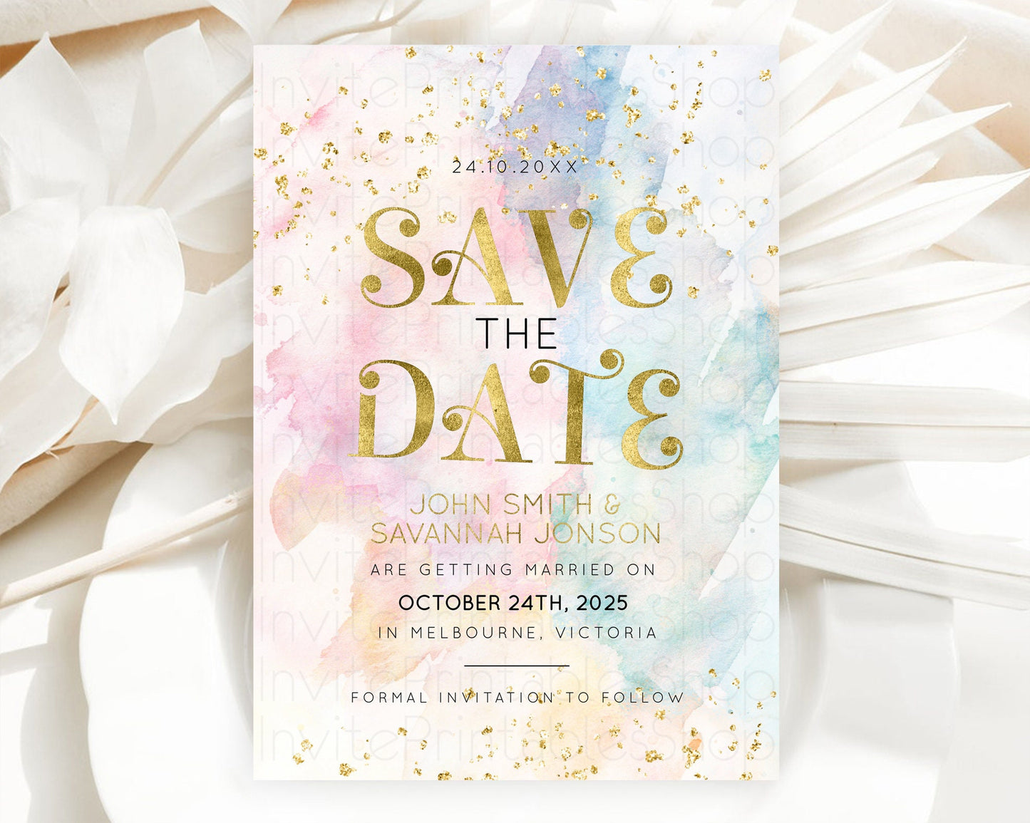 Pastel Save The Date Template Pastel Ombre Rainbow Watercolor Colorful Party For Birthday Baptism Baby Shower Wedding Bridal Shower D10835