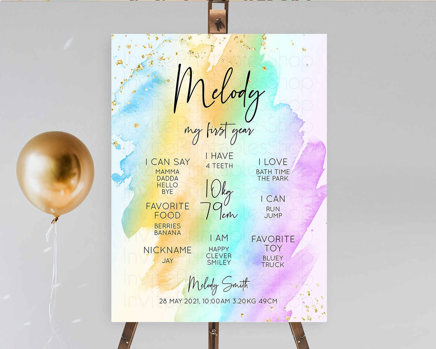 Pastel First Birthday Milestone Board Pastel Rainbow Milestone Poster Colorful Confetti Watercolor Glitter 1st Birthday Welcome Sign D10425