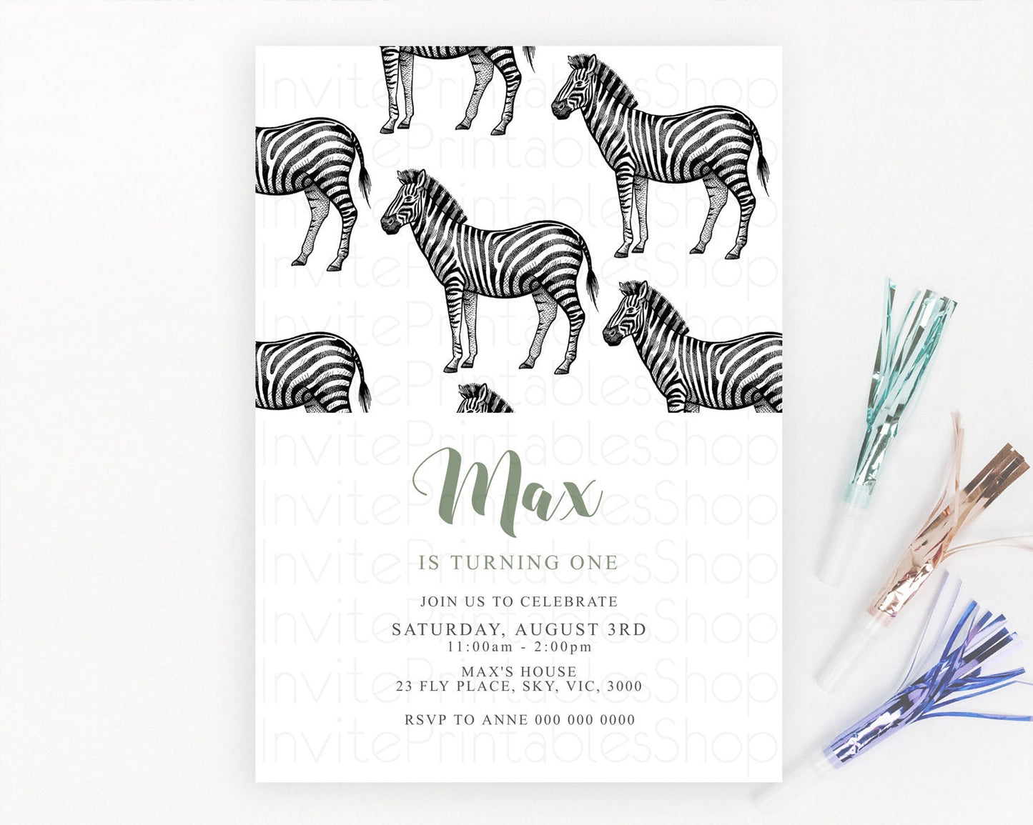 Zebra Birthday Invitation Zebra Invite Jungle Safari invite Watercolor Tropical Palm Invite Adventure Zoo Party Wild Animal Party D10249