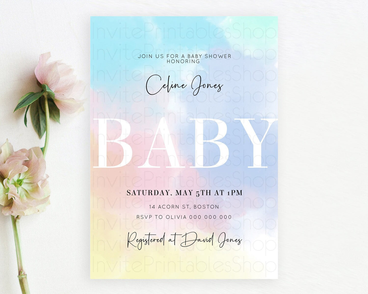 Pastel Baby Shower Invitation Rainbow Baby Shower Invitation Colorful Pastel Watercolor Invitation Gold Glitter Sprinkles Ombre D10373