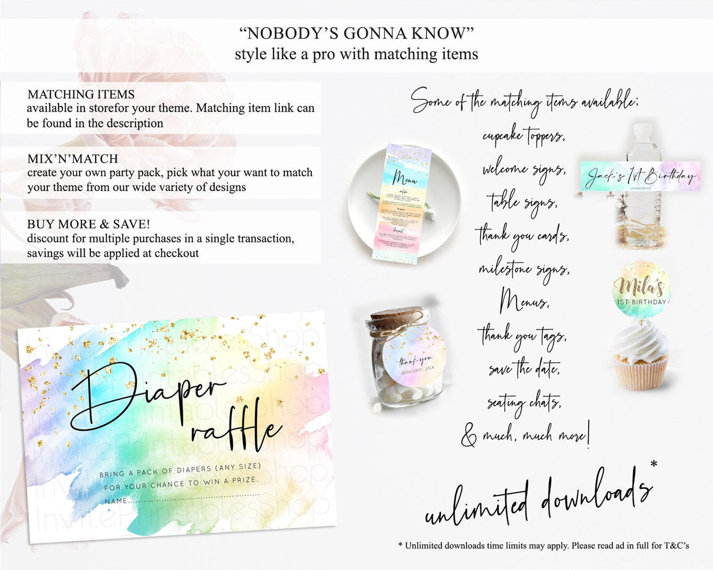 Pastel Diaper Raffle Card Pastel Rainbow Diaper Raffle Insert Colorful Ombre Watercolor Diaper Ticket Confetti Glitter Raffle Game D10279